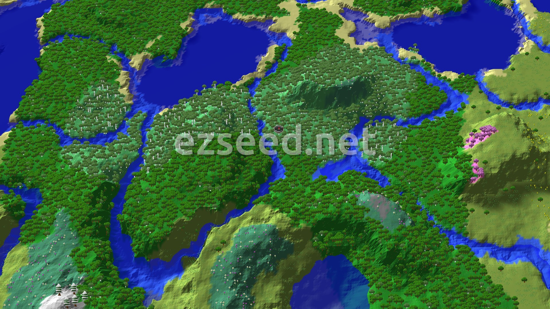 A 3D fly-over of dense green forest broken by blue rivers and lakes, with pale birch groves around the spawn marker and pink cherry trees on a hillside to the east.