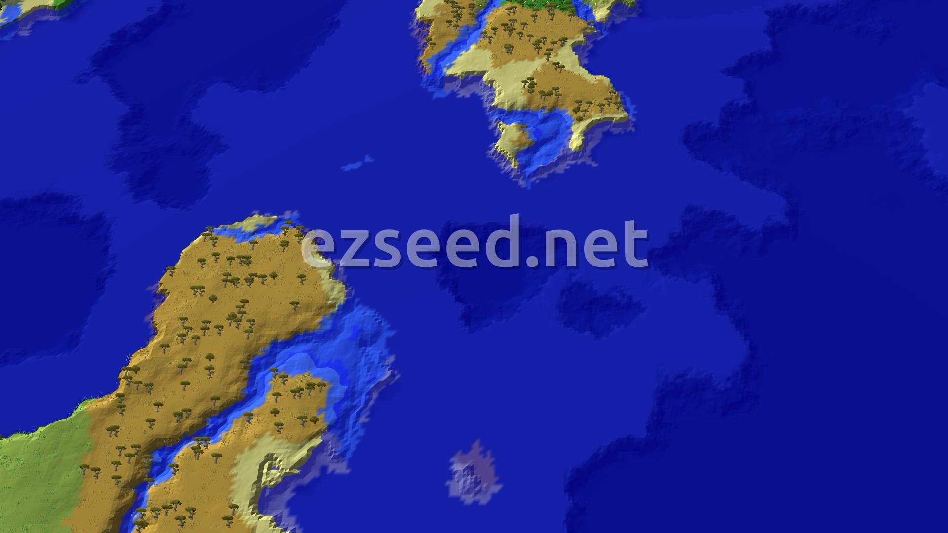 A fly-over of sandy, acacia-dotted land ringed by bright shallows and a wide stretch of deep blue ocean, with a green patch at the lower left edge.