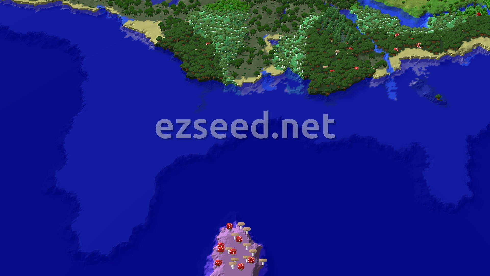 A fly-over of a dark forest and birch coastline with sandy beaches, deep blue ocean in the middle, and a small mushroom island at the bottom edge.