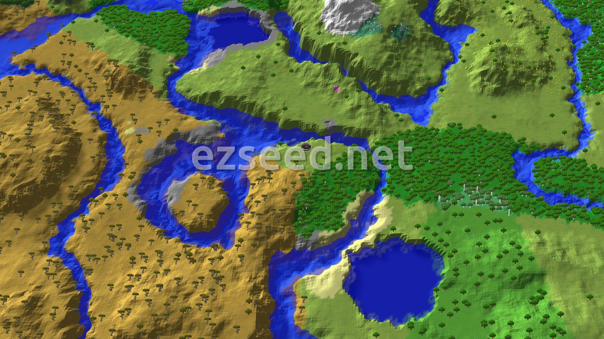 A small grassy patch beside a winding river, with golden savanna hills and acacia trees to the west, dense forest to the east and ponds in the green lowlands.