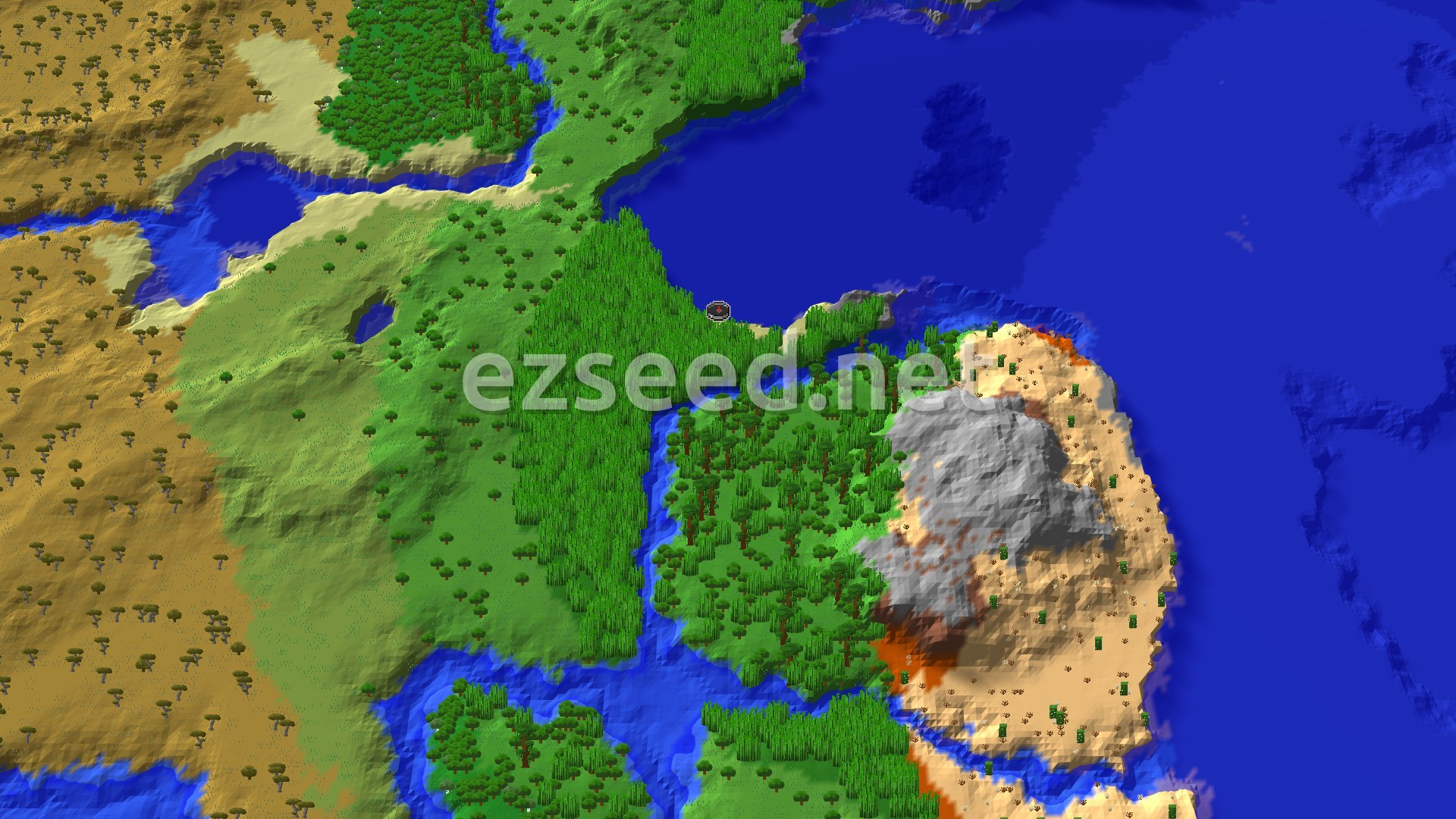 An aerial view shows a spawn point on a beach, with a vast jungle biome inland, a river winding through, and a large ocean to the east with a desert and stony peaks island.