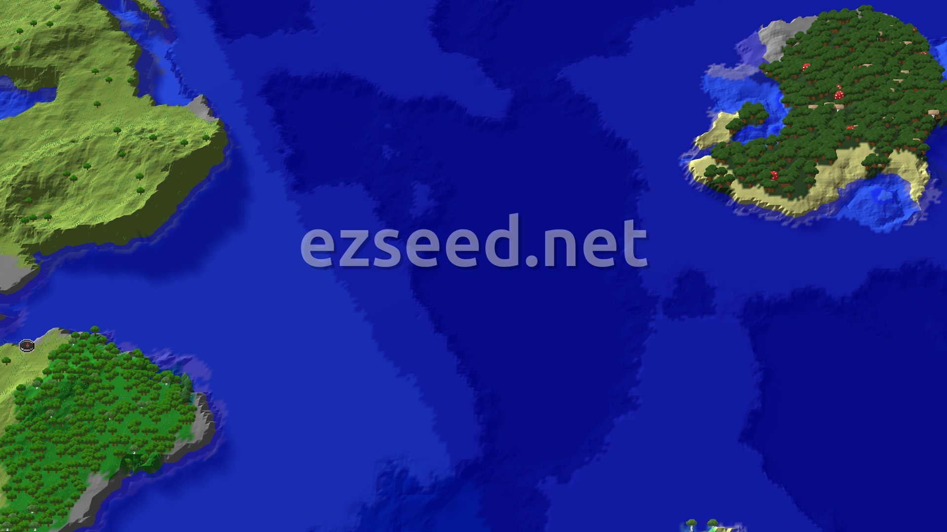 A fly-over of a grassy coastline with forest patches along the shore, a dark-green forested island across open water, and a small spawn marker at the centre.