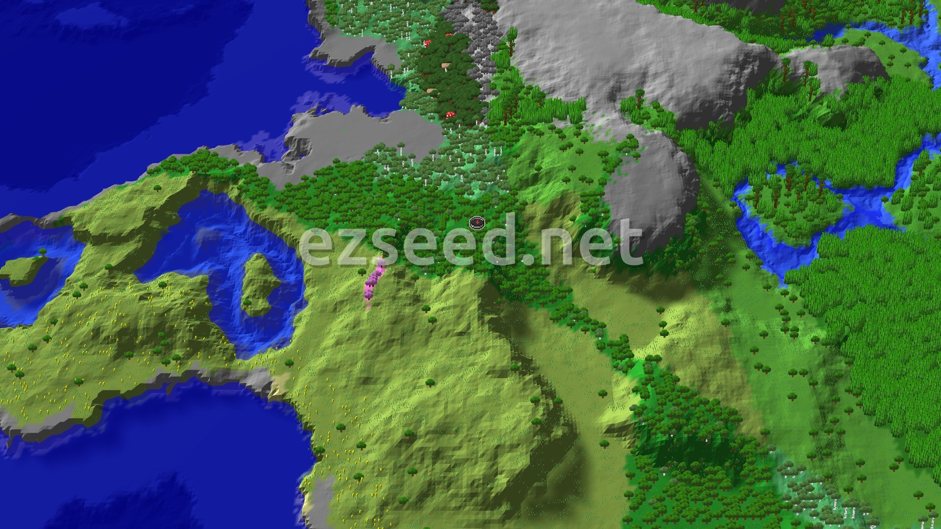 A 3D fly-over of a dense green forest with open grassy hills to the south, grey rocky ridges and a river to the east, and deep blue ocean at the left edge.