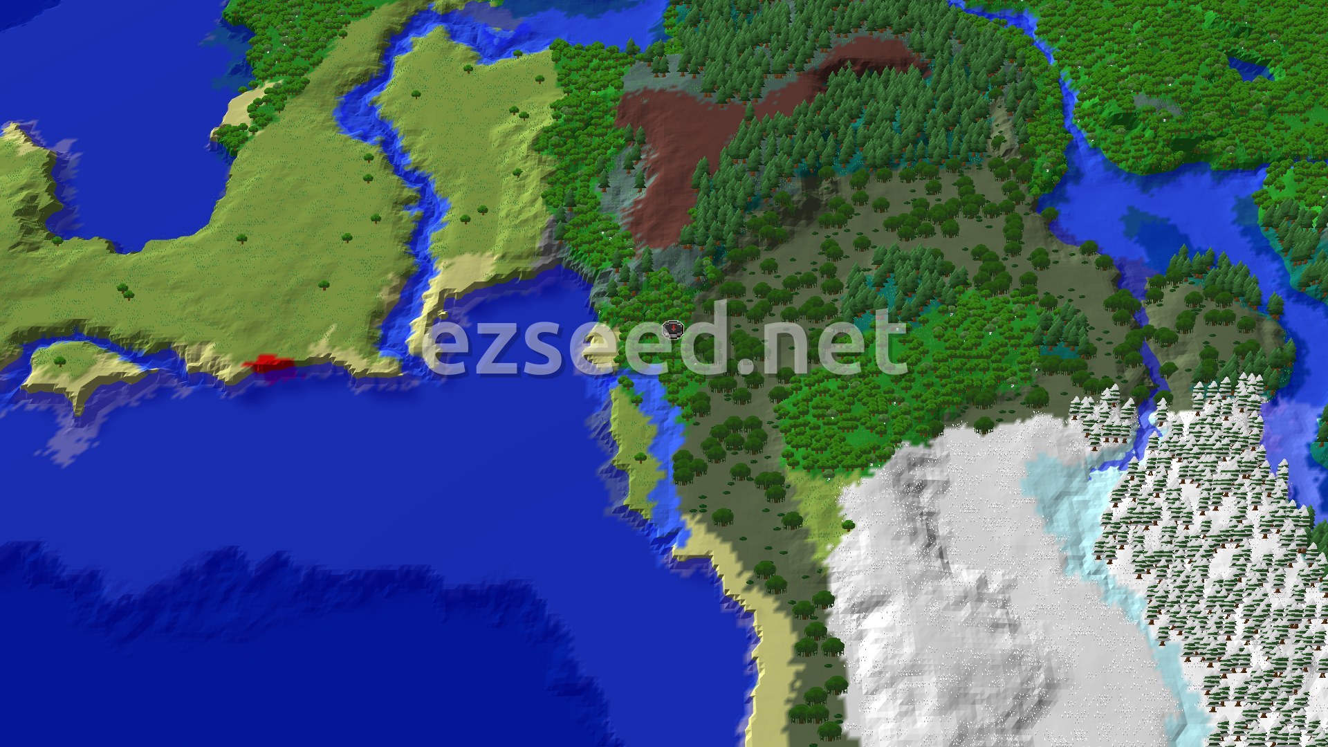 A 3D fly-over of a world, showing a diverse landscape of green forests, light green plains, blue rivers, and snow-covered hills around a small red spawn marker.