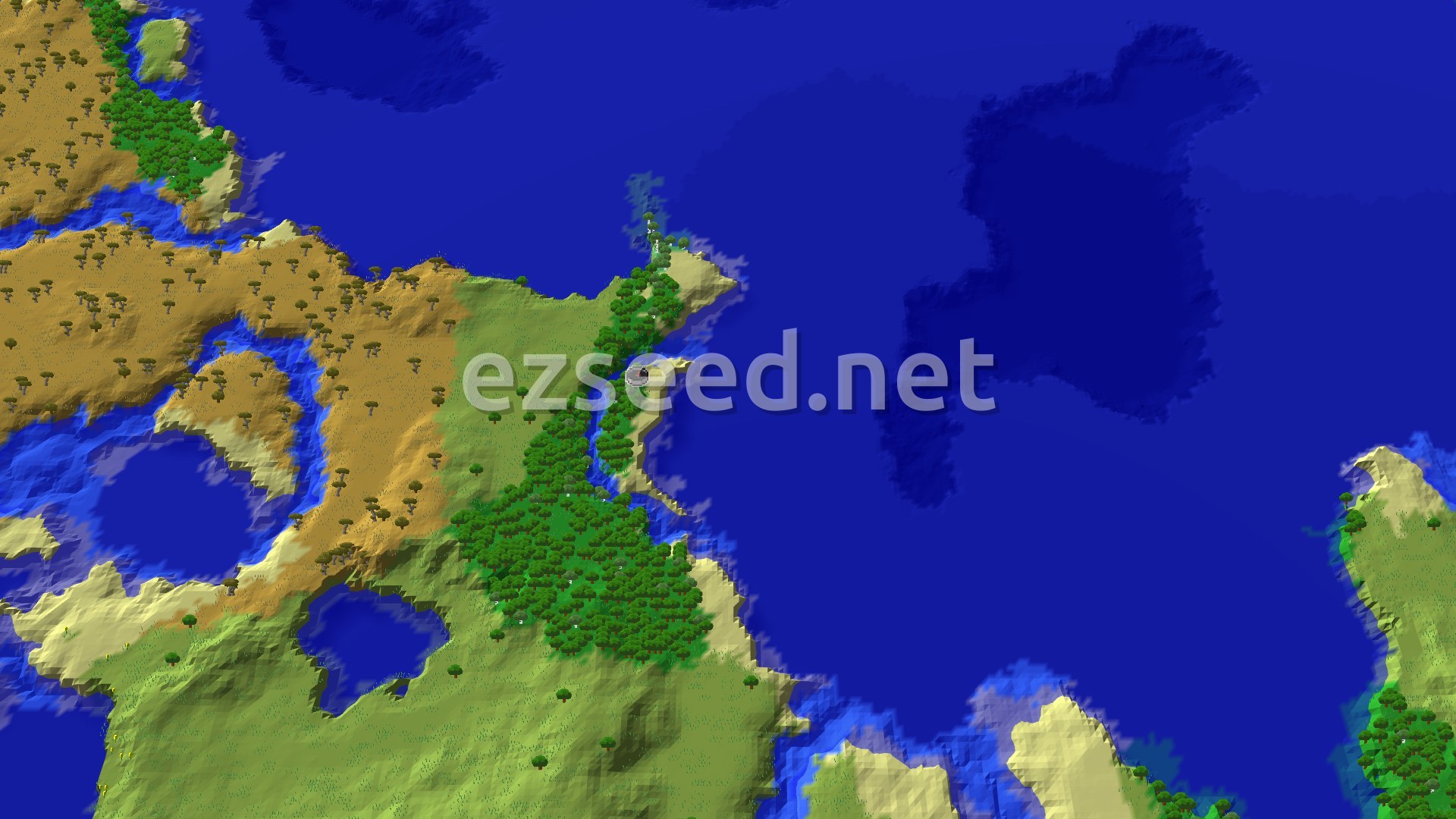 Fly-over of a narrow forested strip with sandy beaches, surrounded by open ocean, with savanna and green plains rising on the left.