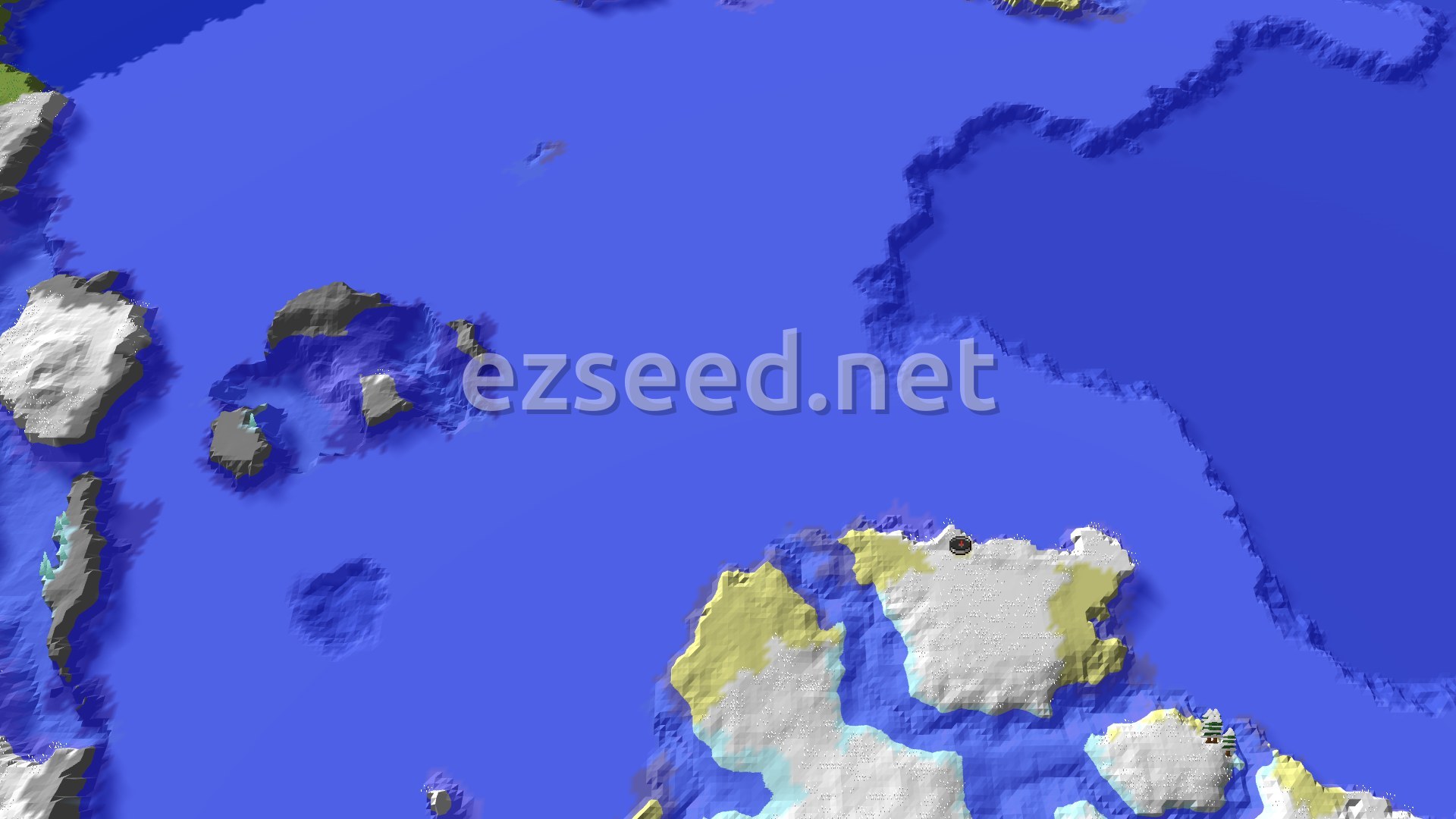 A fly-over of a snow-covered island with pale sandy beaches, surrounded by flat open ocean, with small grey rocky islets to the northwest.
