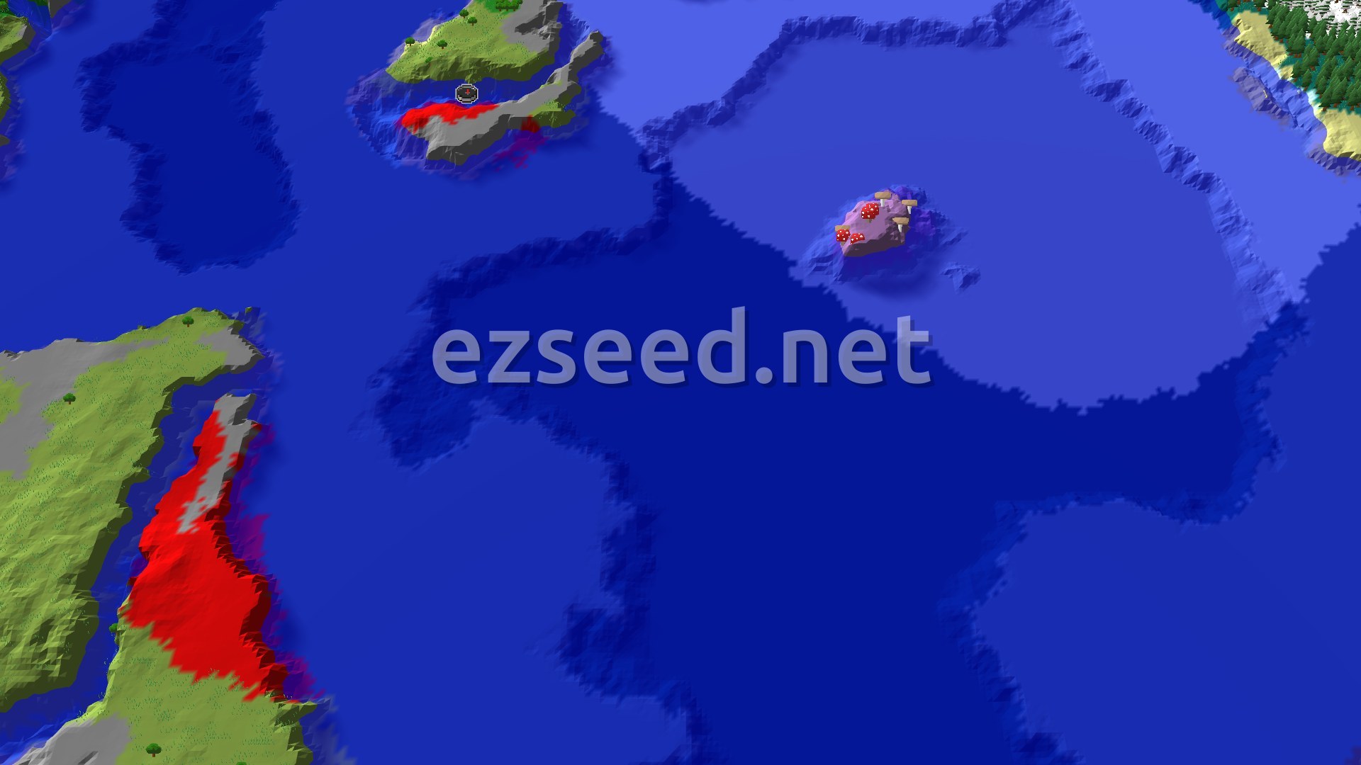 A small green island with a grey rocky shore sits in deep blue ocean, a mushroom-capped islet floats to the east, and larger forested land lies to the west.