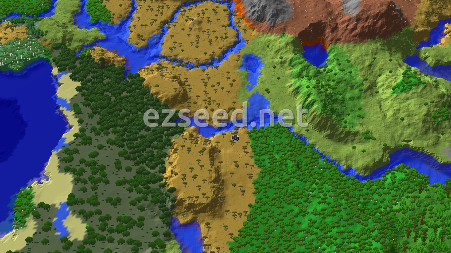 A bird's-eye view of a diverse landscape featuring a sprawling savanna biome with acacia trees, bordered by a dense forest, winding rivers, and a distant ocean.