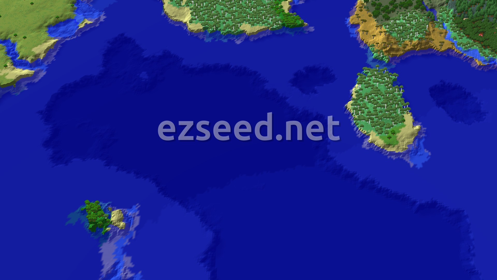 A 3D fly-over of dark blue ocean with a few small green islands and sandy shores, and larger forested coastlines along the top and edges.