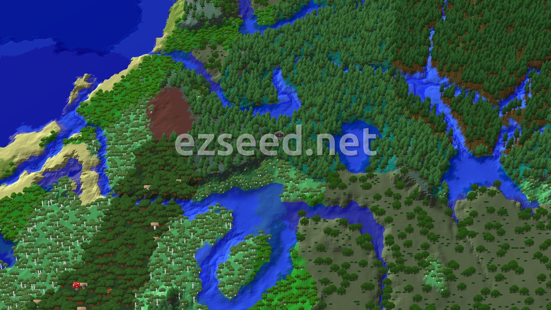 A 3D fly-over of dense taiga forest cut by blue rivers and ponds, with birch woods and hilly slopes to the south and sandy coast and open ocean to the west.