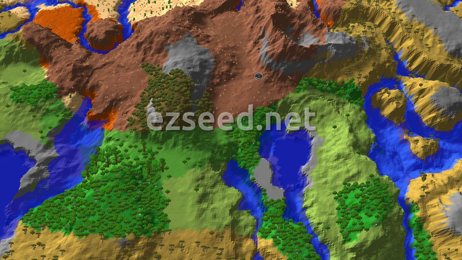 A brown badlands plateau with orange clay and grey stone patches sits over green forest and plains, with blue rivers and tan savanna ridges to the east.