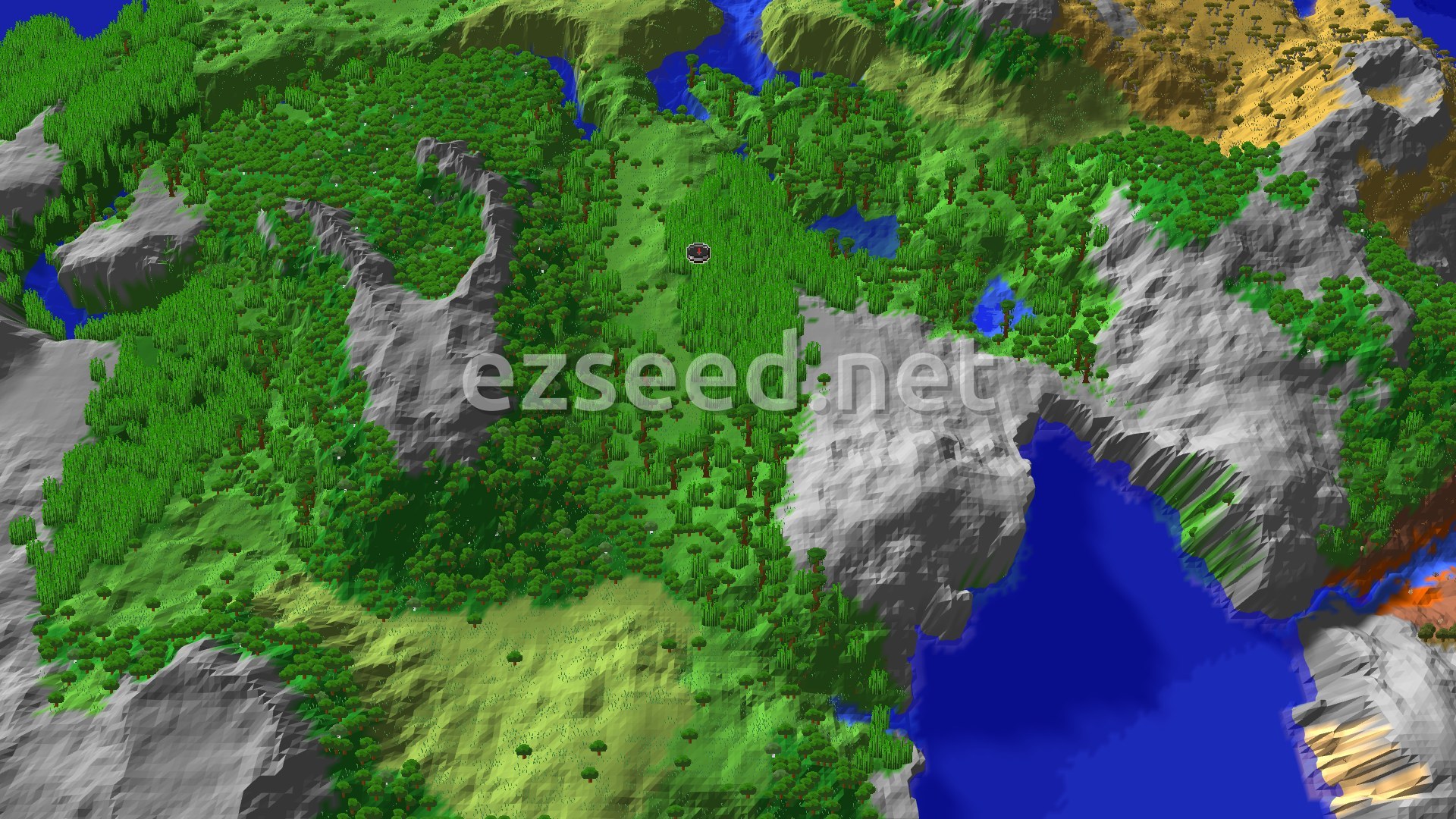 An aerial view of a verdant valley, densely forested with bamboo and jungle trees, ringed by stony mountains, and dotted with small lakes.