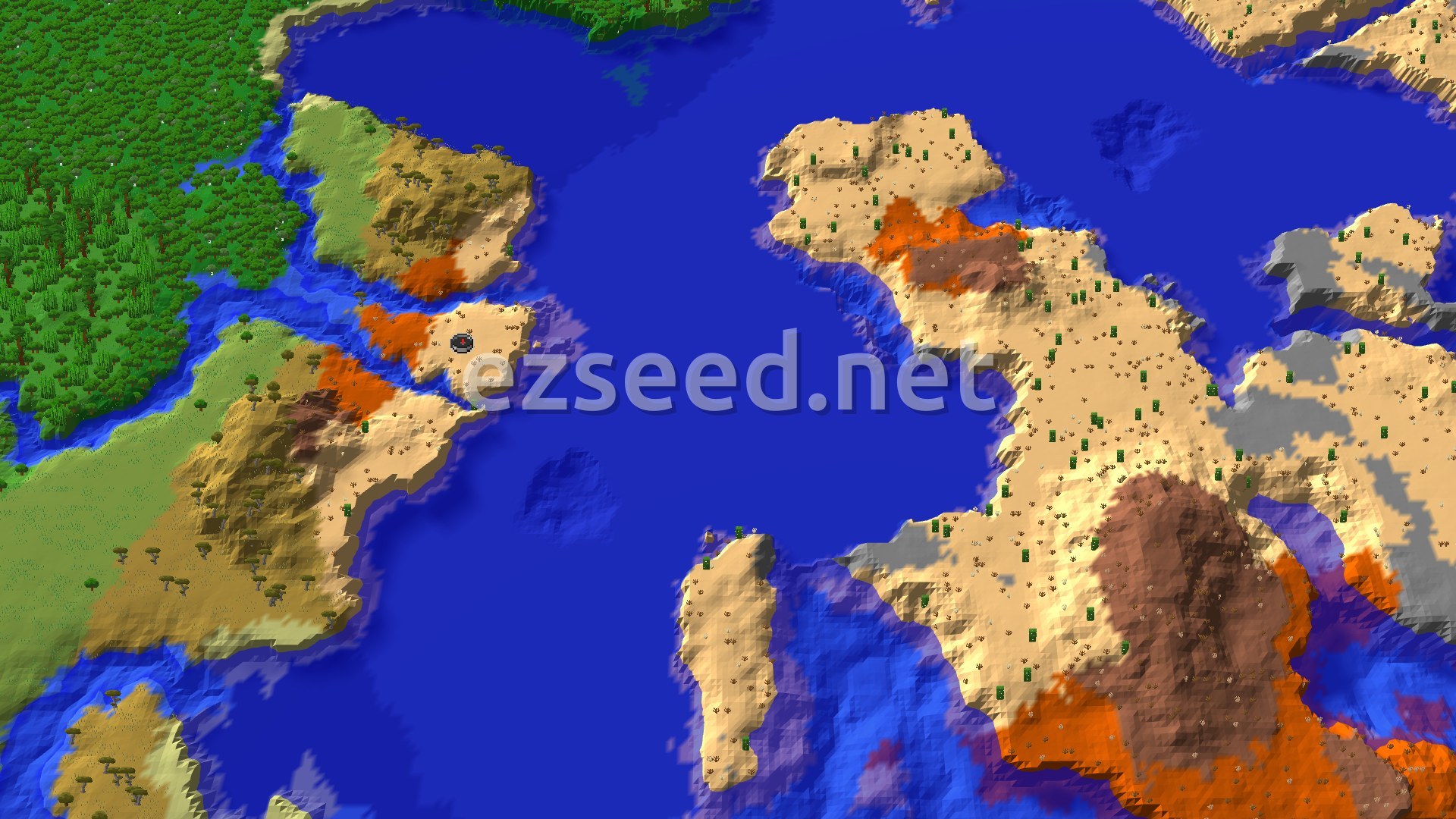 A 3D fly-over of a small sand-covered peninsula in warm blue water, with orange and brown badlands bands, savanna hills and dense green forest along the western shore.