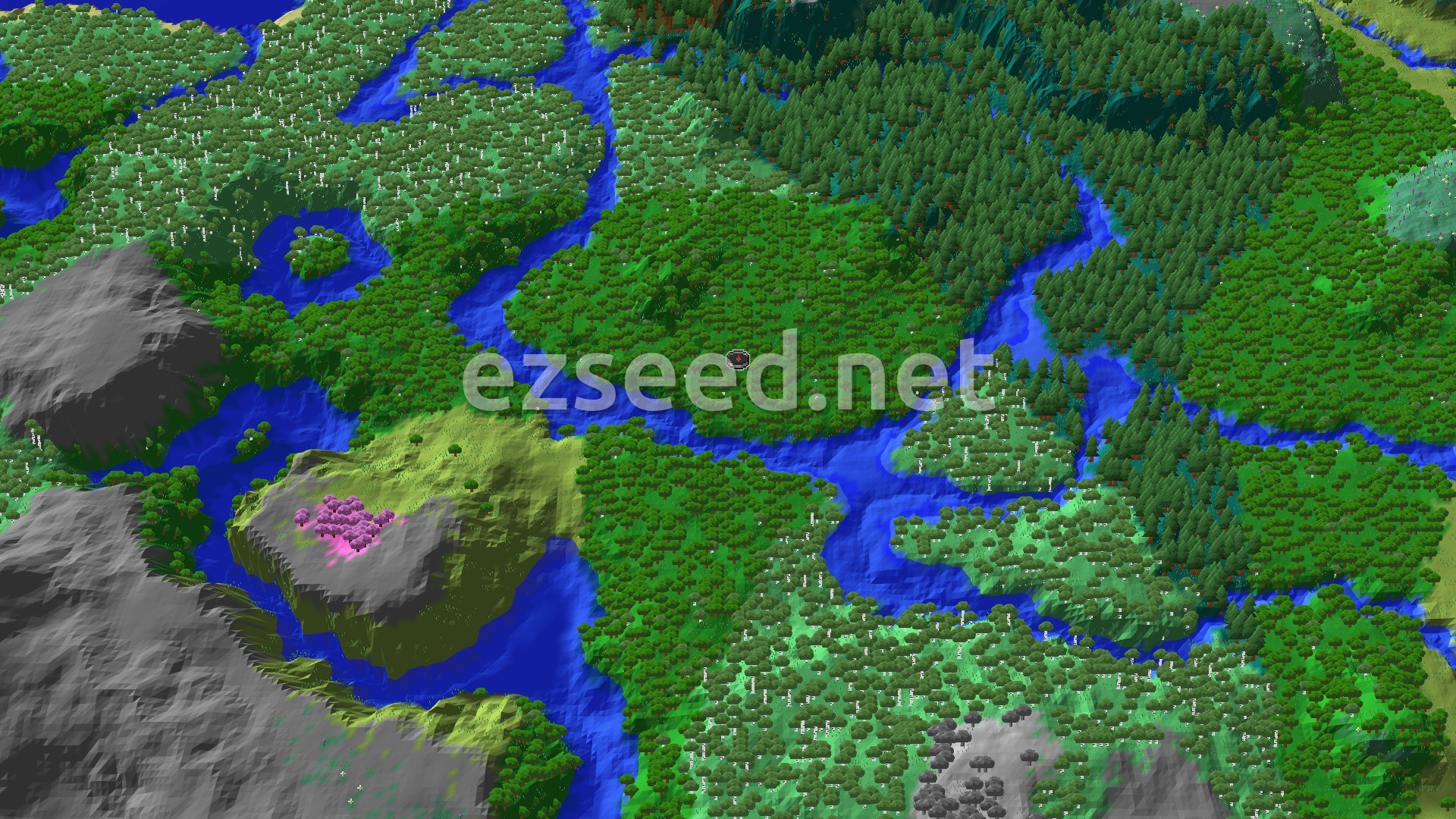 A 3D view of a forested basin crossed by blue rivers, with birch and spruce woods around it, grey rocky slopes at the left edge and a small pink cherry grove on a hill.