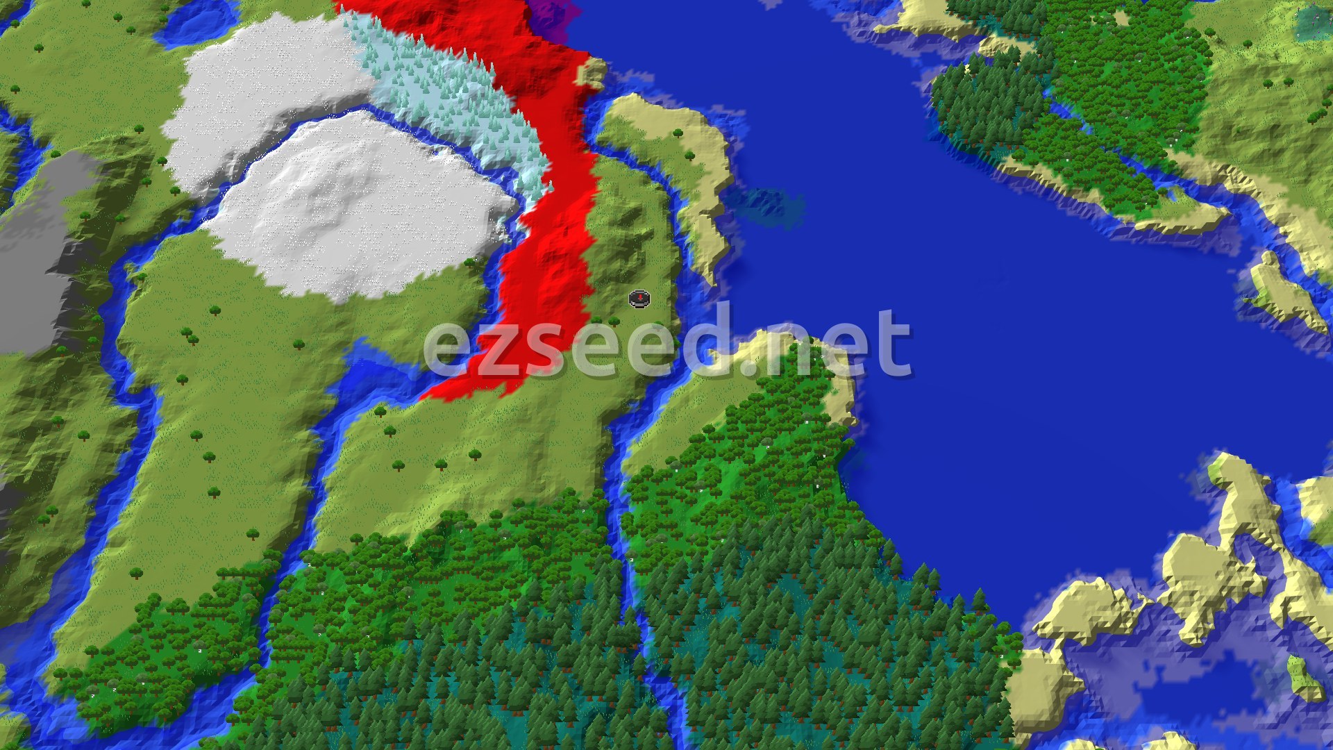 Aerial Minecraft seed map — Dappled Forest and Ice Spikes Within a Short Walk