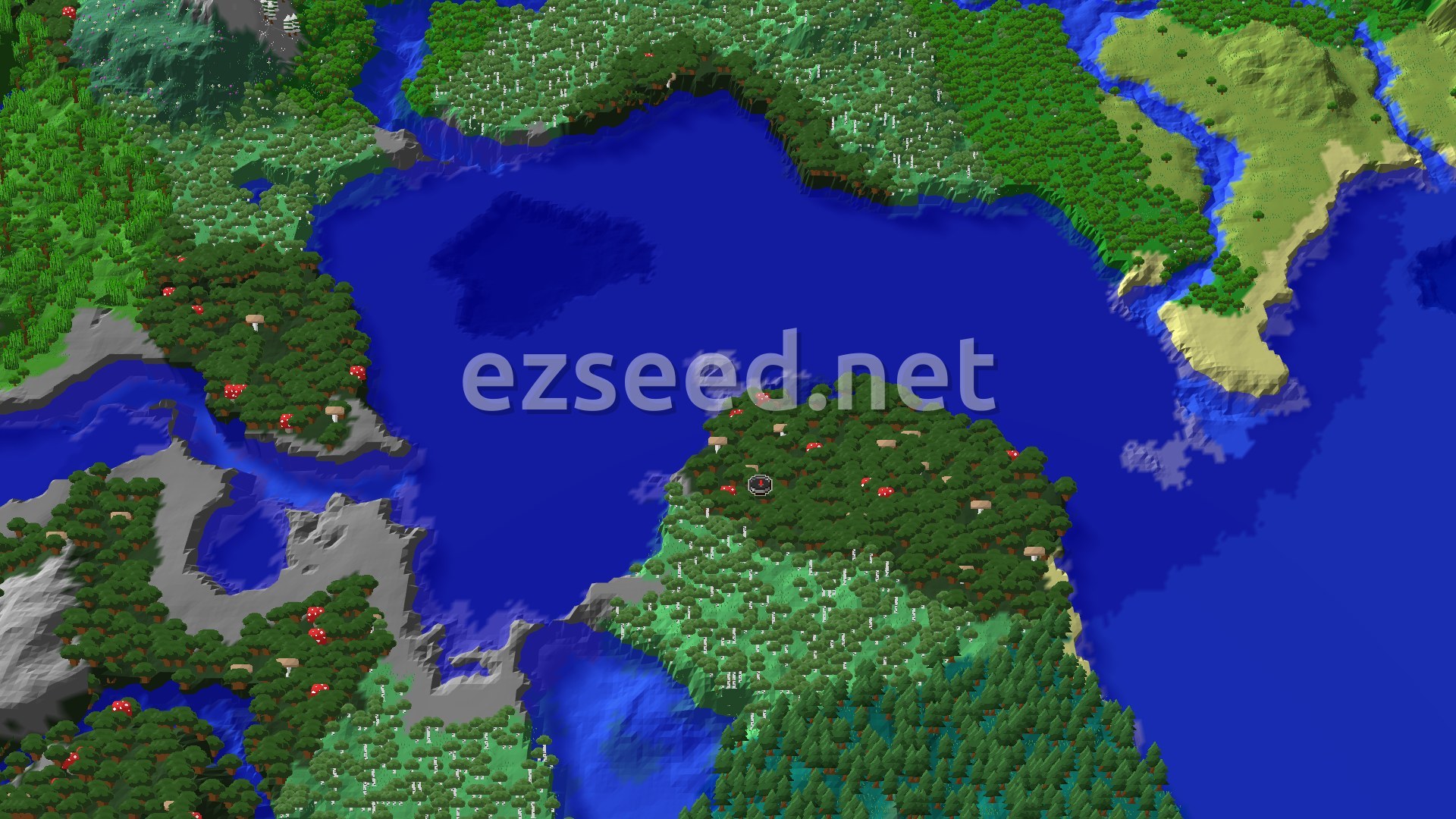 A fly-over of a dark forest on a peninsula pushing into a large blue bay, with birch and spruce woods, grey stone shore and pale sand to the east.