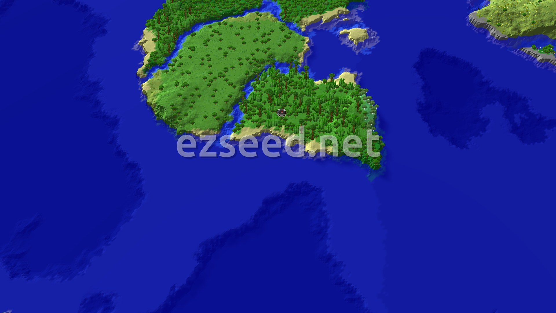 A 3D fly-over rendering of a tropical island, covered in dense jungle trees and some lighter forest, surrounded by blue ocean. A small spawn marker is visible near the center of the island.