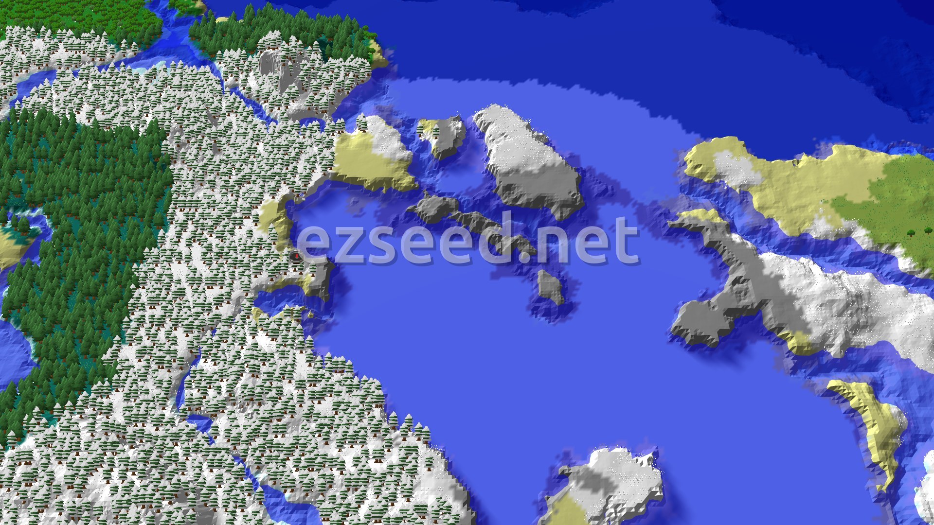 A snow-covered spruce forest runs down to a wide blue bay dotted with small rocky islets and sandy shores, with greener forest in the upper left.