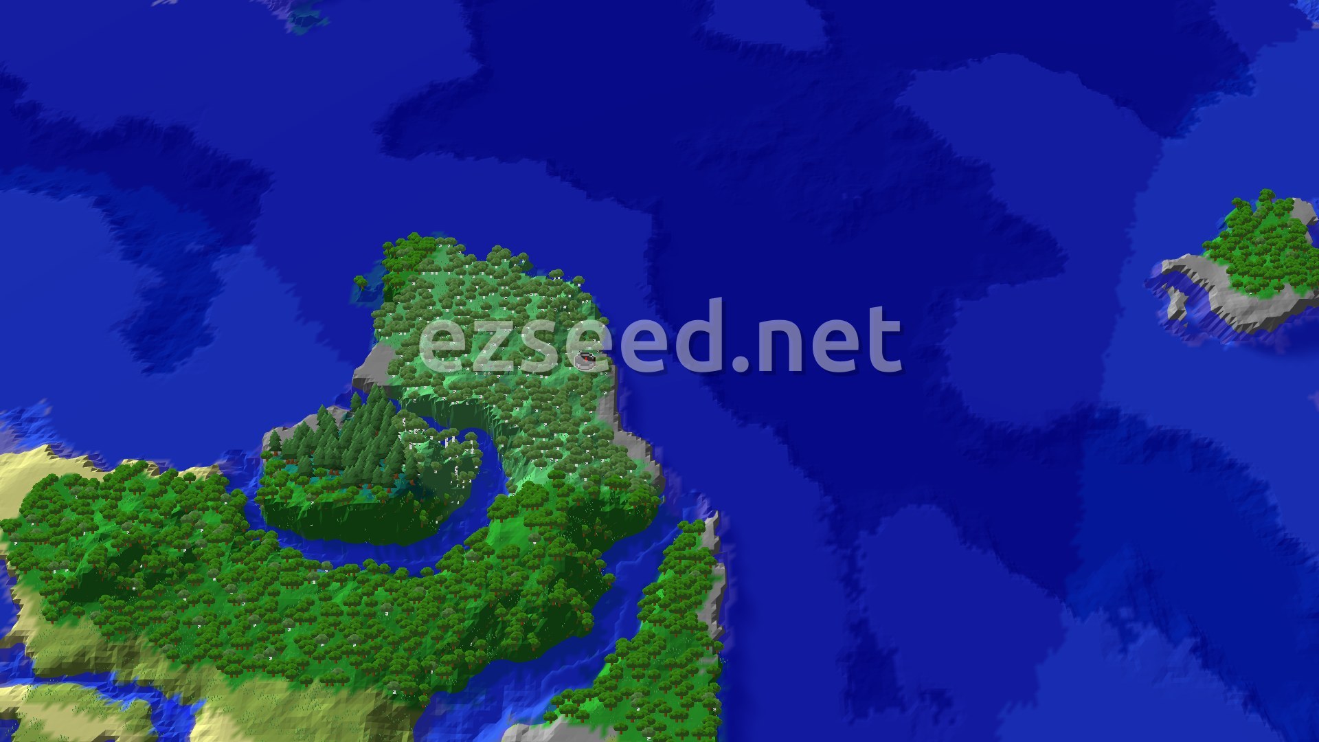 A fly-over of a green, tree-covered island with a curling inlet and a pocket of spruce, ringed by dark blue deep ocean, with a smaller island at the right edge.