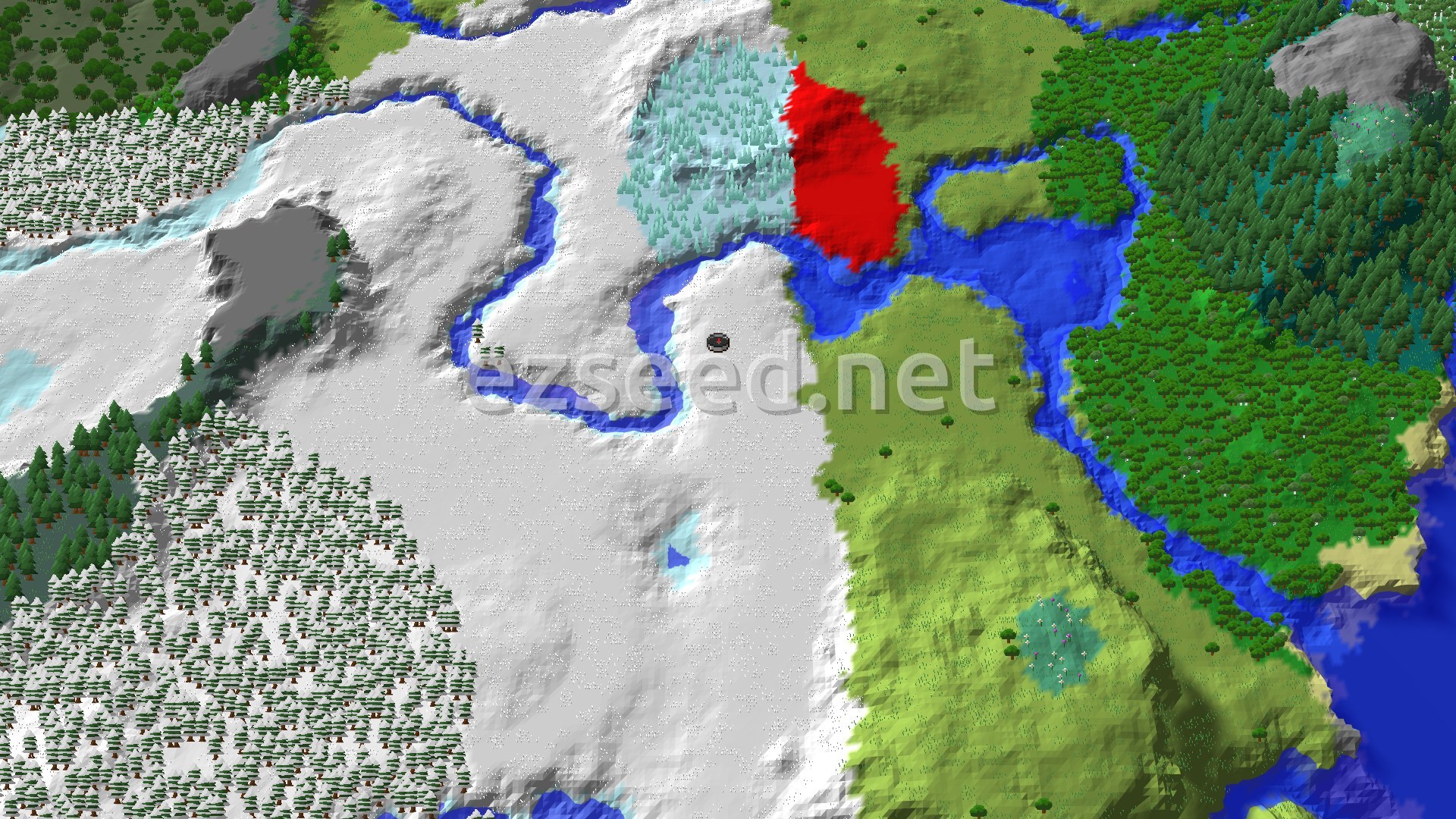 A snow-covered plain split by winding frozen rivers, with snowy taiga to the southwest, green plains to the east and a dense forest on the far side of the water.