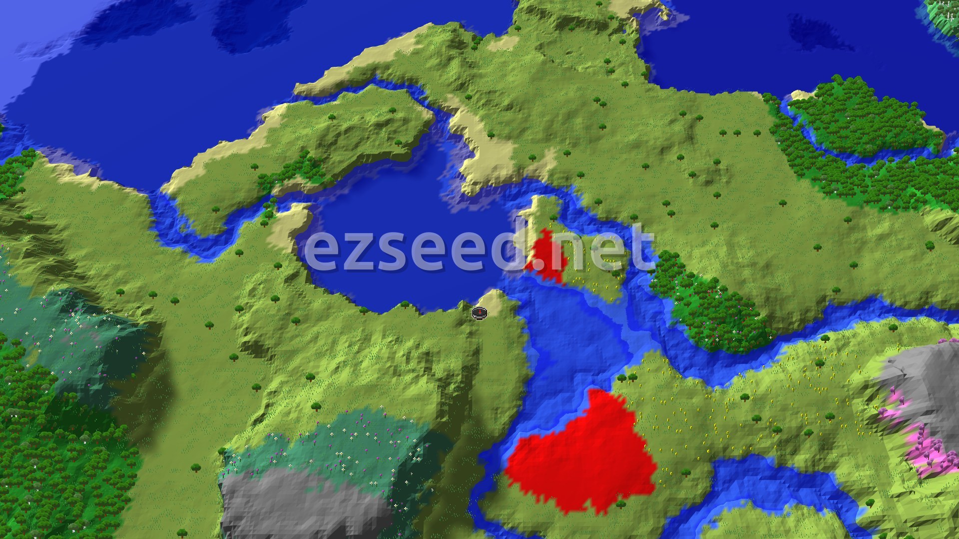 A 3D fly-over of green plains wrapped around a blue lake and inlets, with dark forest canopy to the east and a pink cherry grove and grey stone patches at the edges.