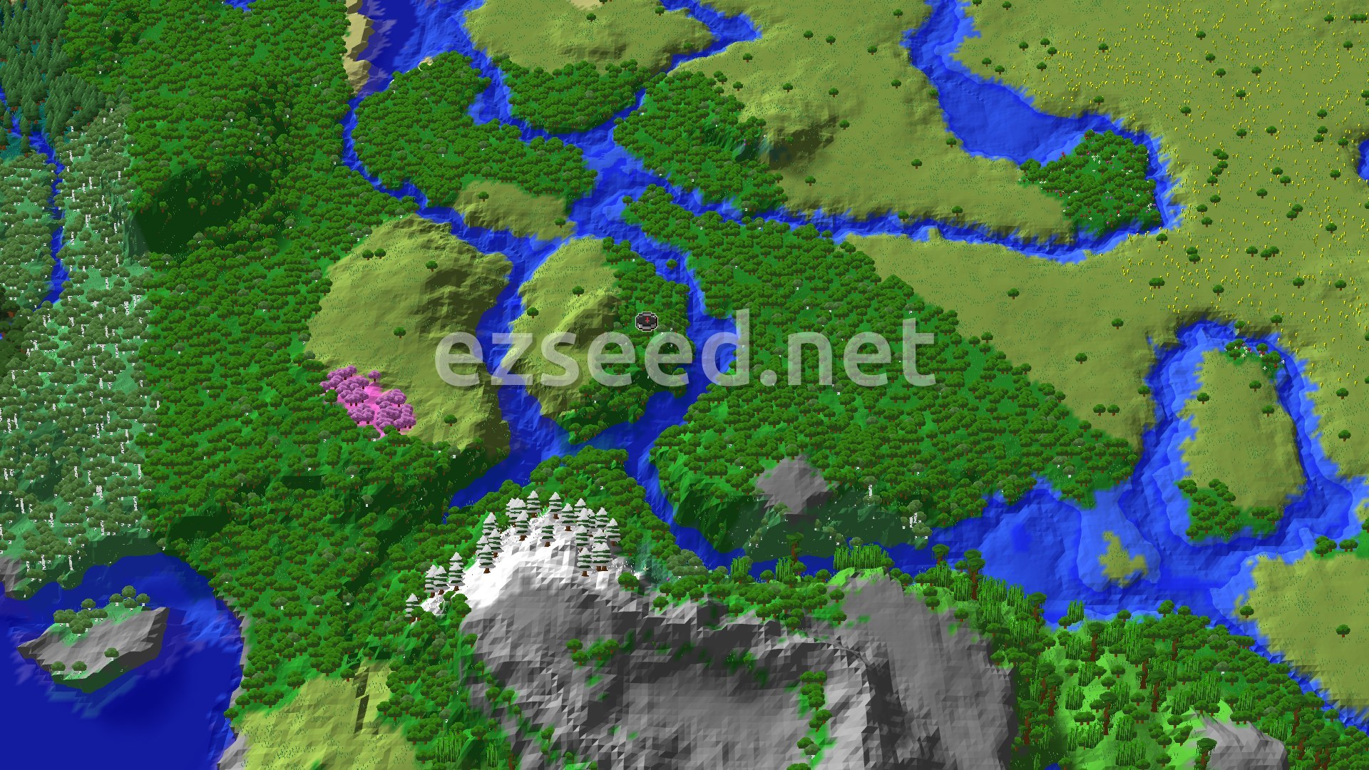 Dense forest and river channels around spawn, with a pink cherry grove on a hillside to the west and a snow-capped rocky peak to the south.