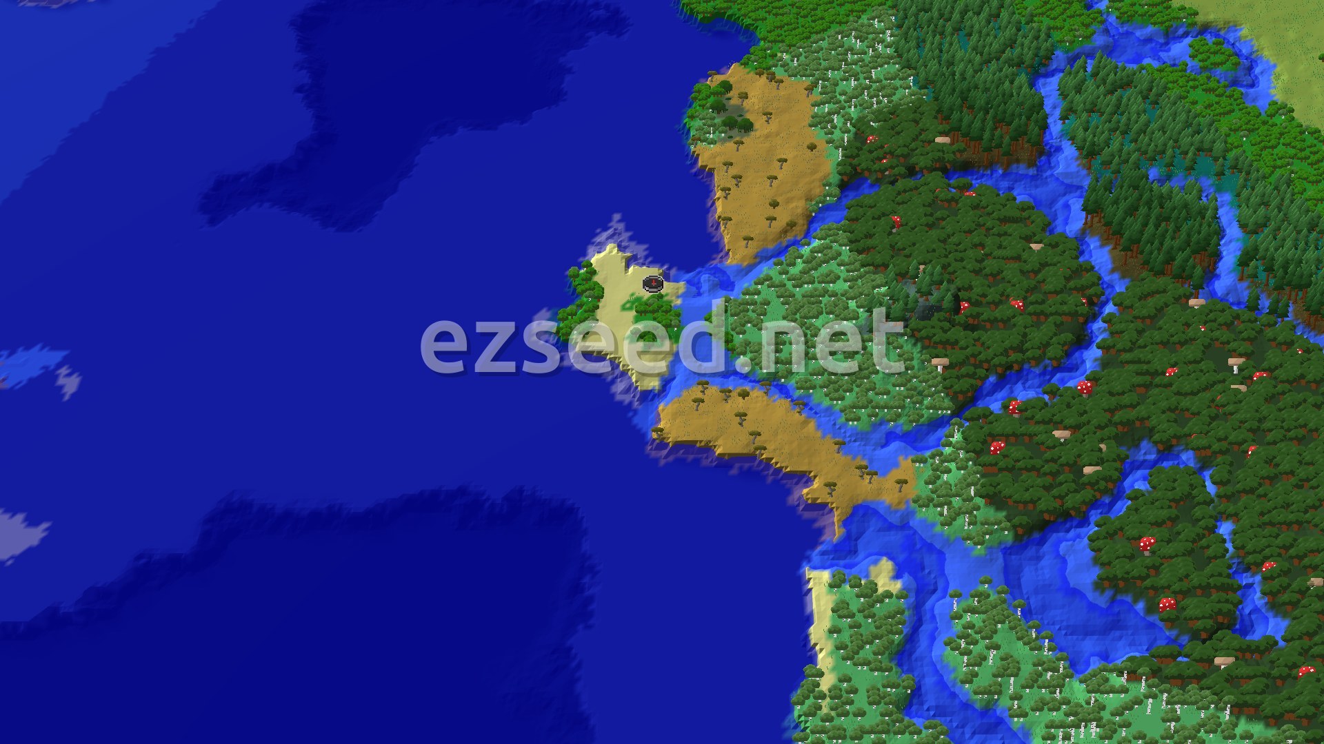 A 3D overhead view of a small, green forested island with a sandy beach, surrounded by blue ocean. A spawn marker sits near the center of the island. To the east, a larger landmass with rivers, forests, and some open sandy areas.