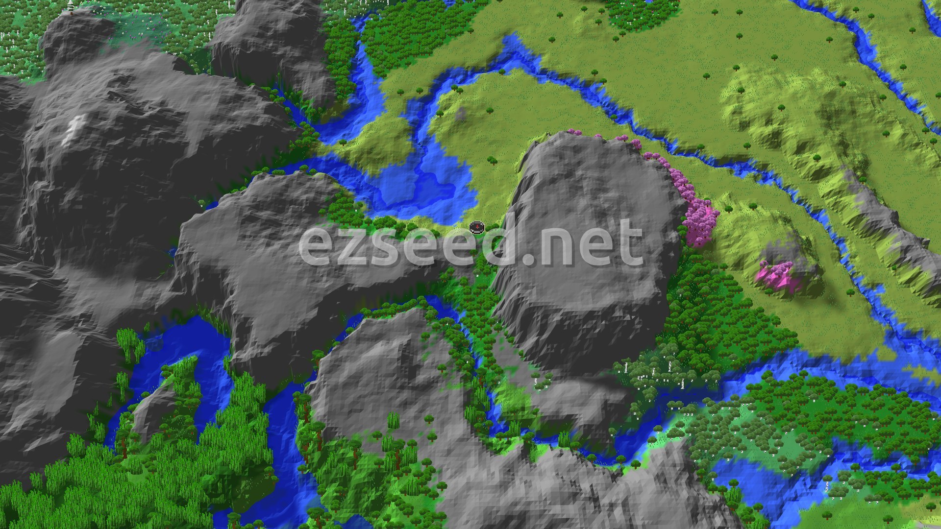 A 3D fly-over of a green valley with winding rivers, grey rocky ridges on several sides, and a patch of pink cherry trees on a slope beside the spawn marker.