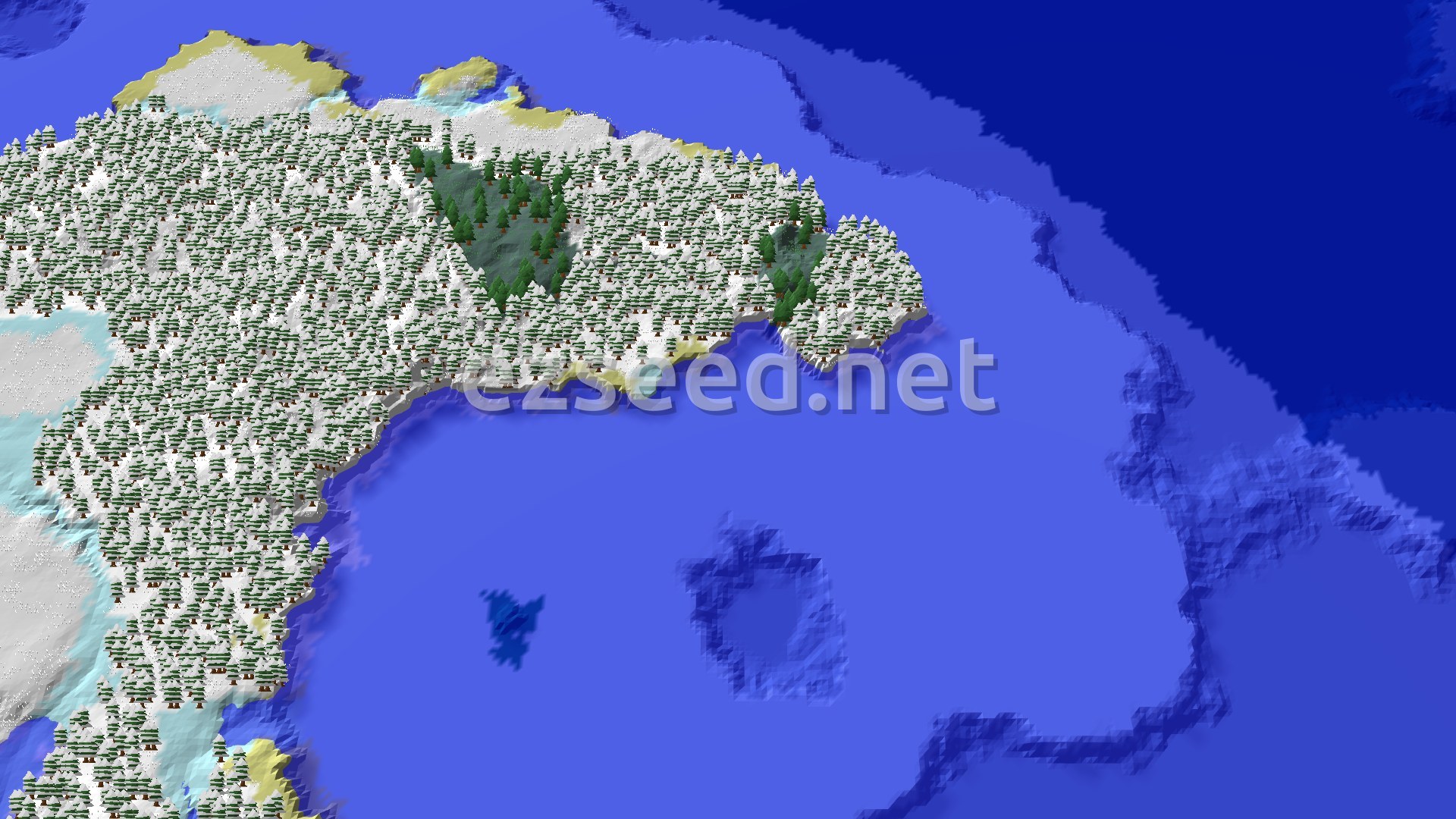A frosty aerial view shows a snow-covered island with coniferous trees, surrounded by the deep blue of the ocean.