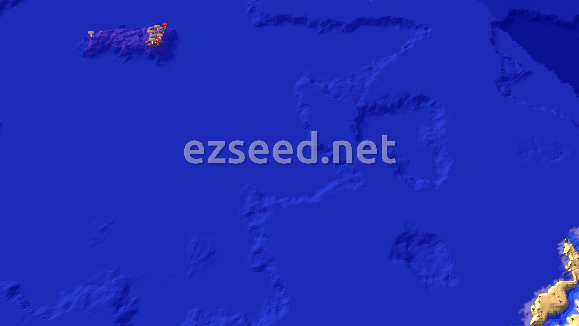 An overhead 3D view shows a vast blue ocean with a small mushroom island in the upper left, featuring red and brown mushrooms. To the lower right, a sandy desert coast with green foliage is visible.