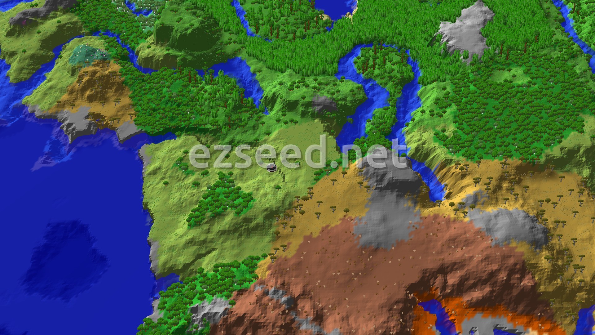 Aerial Minecraft seed map — Eroded Badlands and Jungle Beside a Lukewarm Ocean Coast