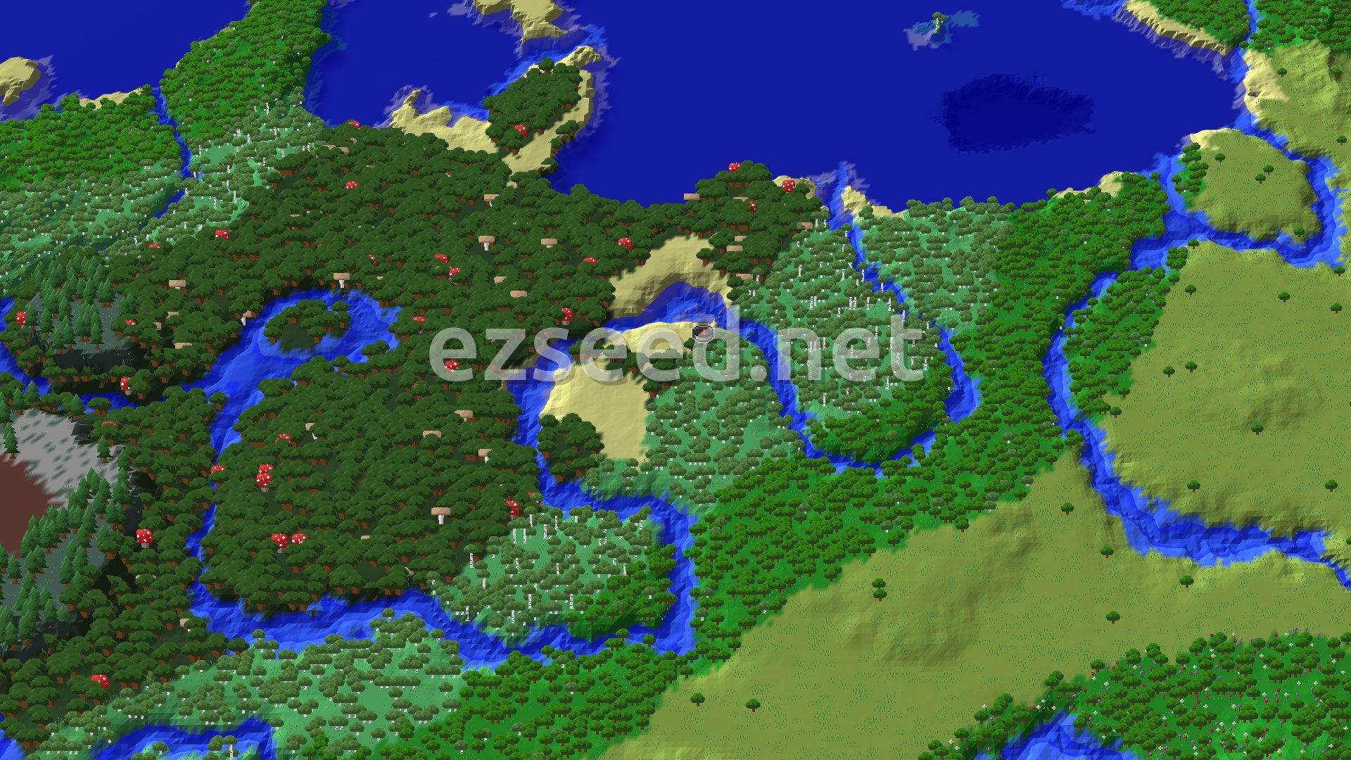 A 3D fly-over of pale birch forest meeting a dark forest, with winding rivers, a sandy beach and open ocean along the northern edge.