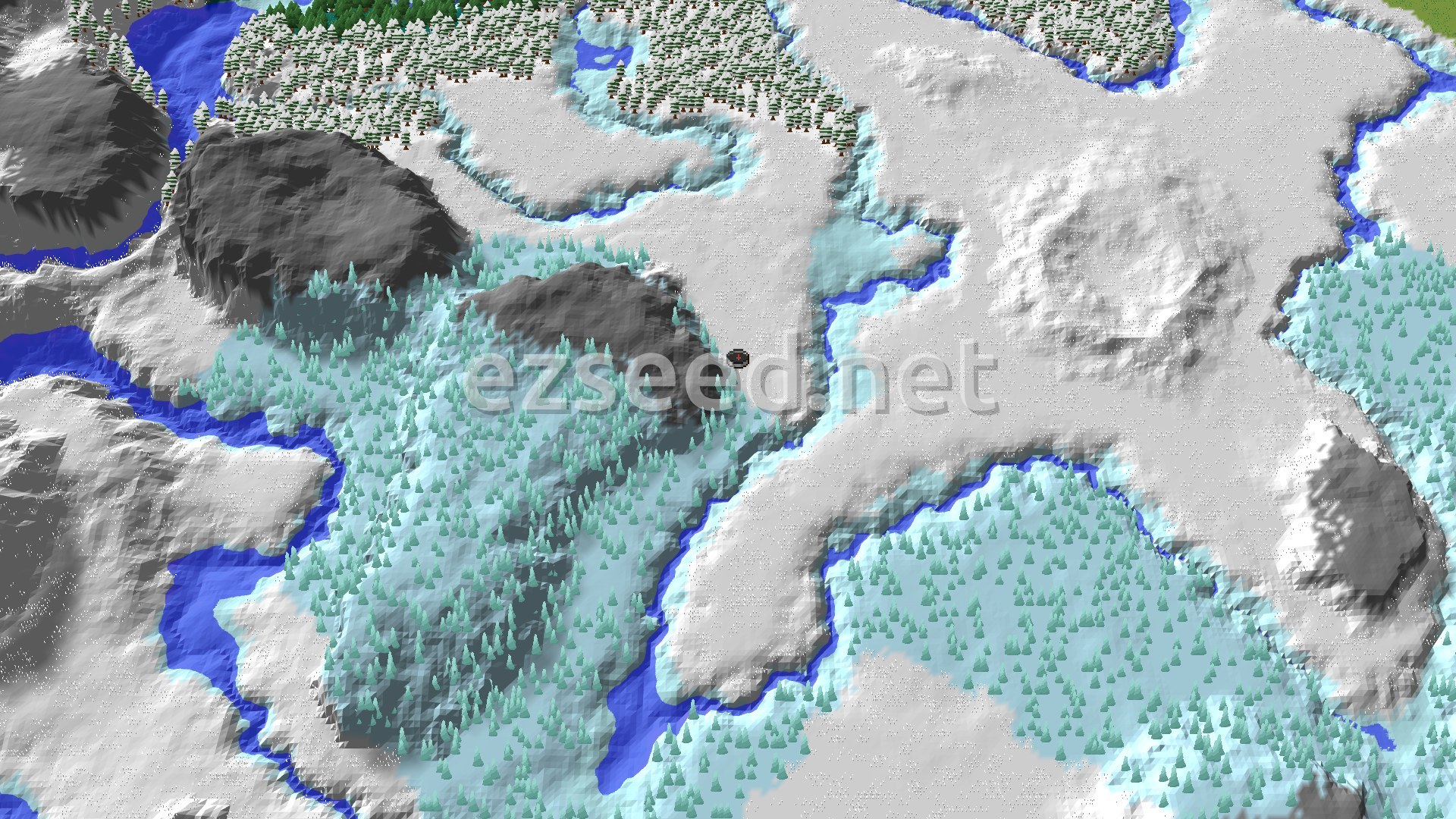 A bird's-eye view of white snowy plains split by blue frozen rivers, with frosted spruce stands and bare grey rock outcrops around the spawn marker.