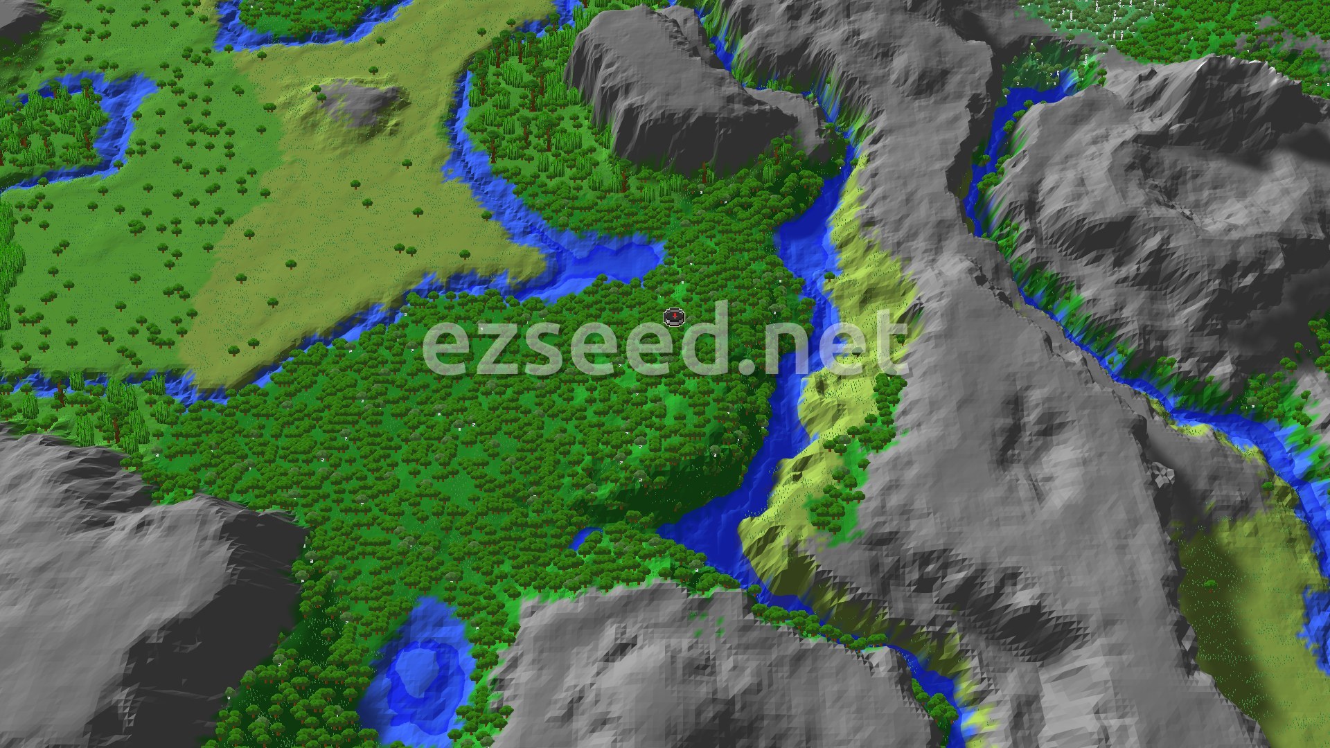 A 3D overhead view of a green forest valley with a river running through it, surrounded by gray mountains and lighter green plains.