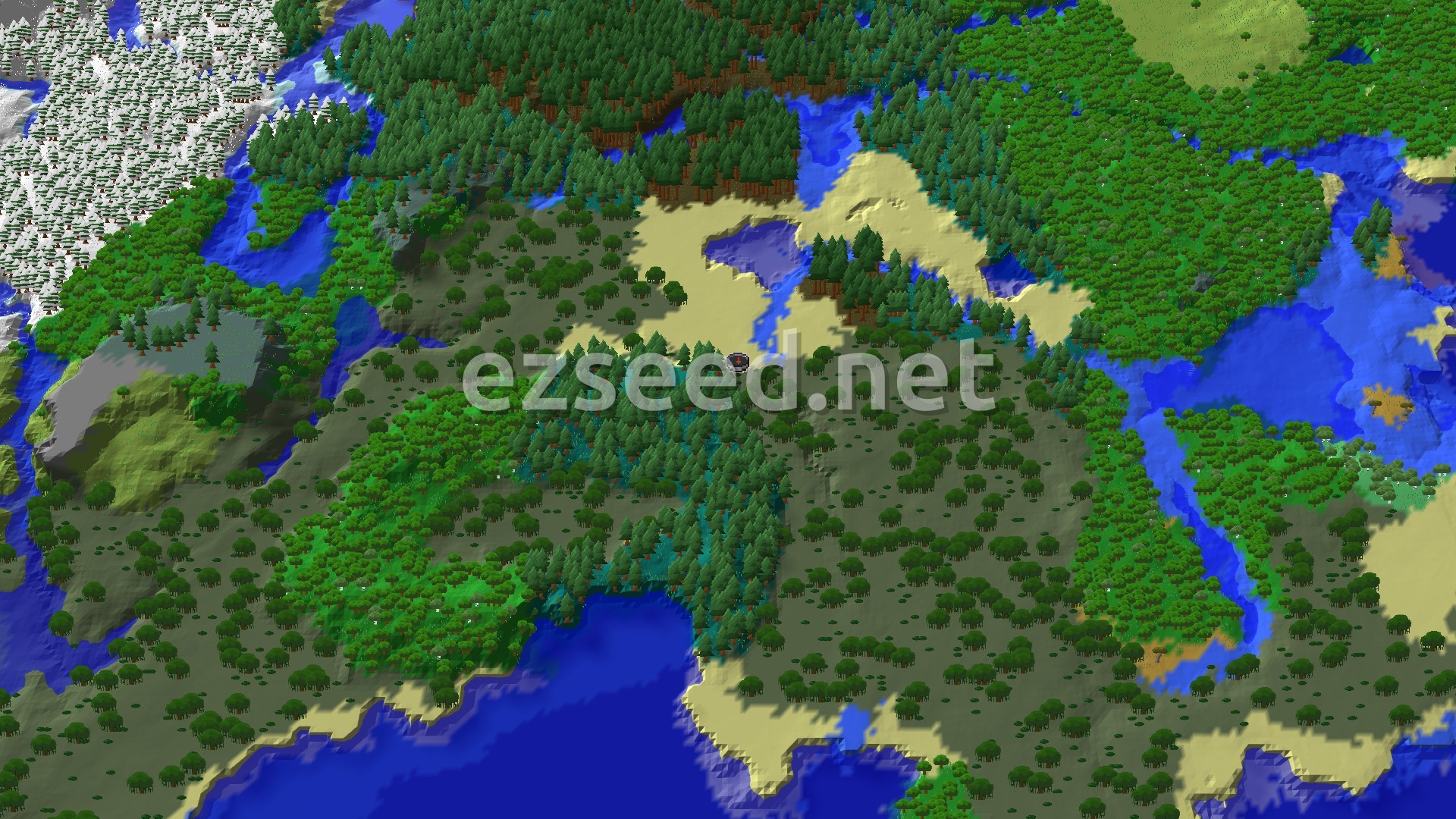 An overhead 3D view of a varied landscape, showing a central swamp surrounded by forests, plains, and a river leading to a snowy taiga.