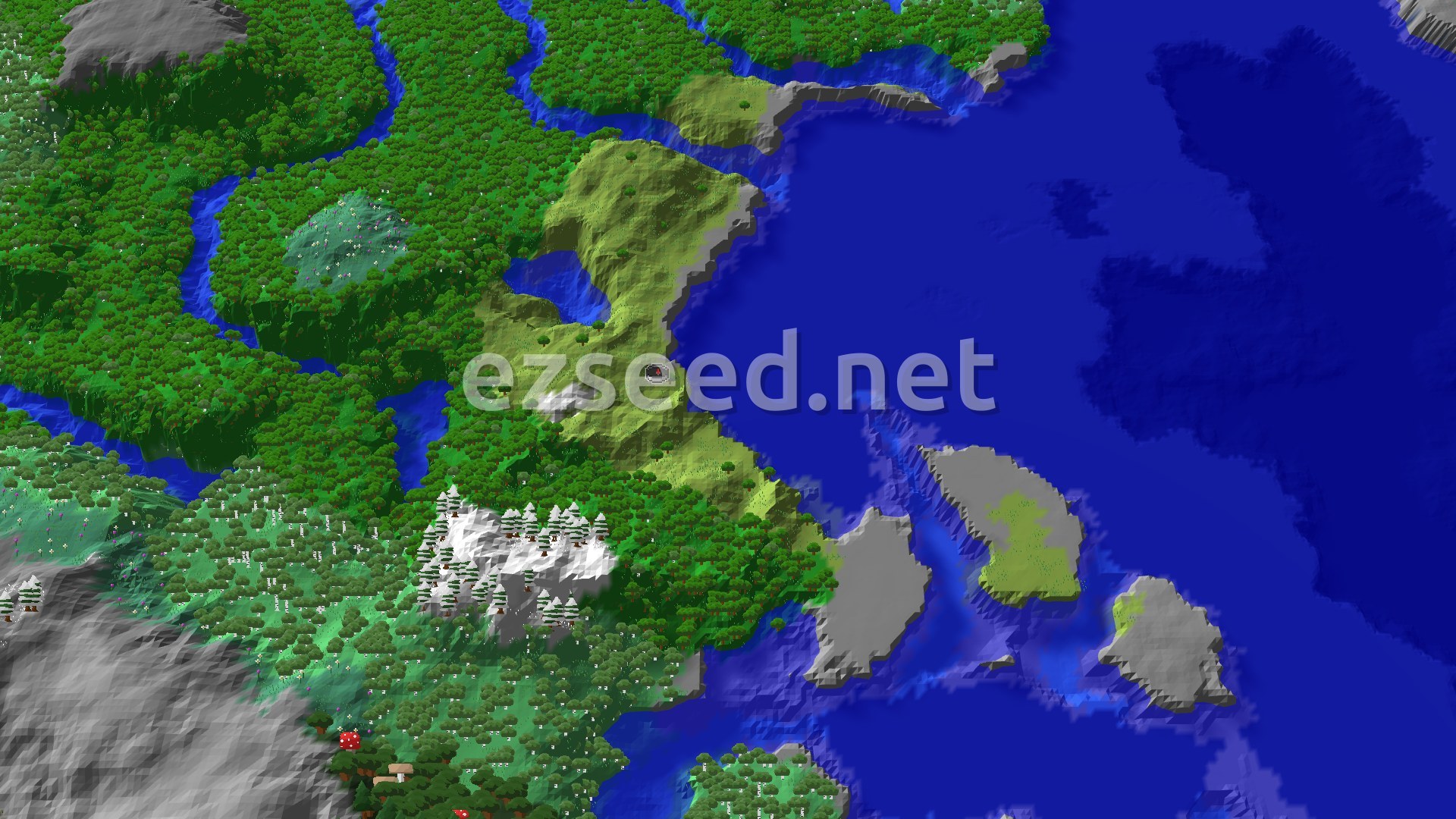 A grassy plains headland juts into deep blue ocean, with dense green forest and winding rivers behind it and small rocky islets offshore.