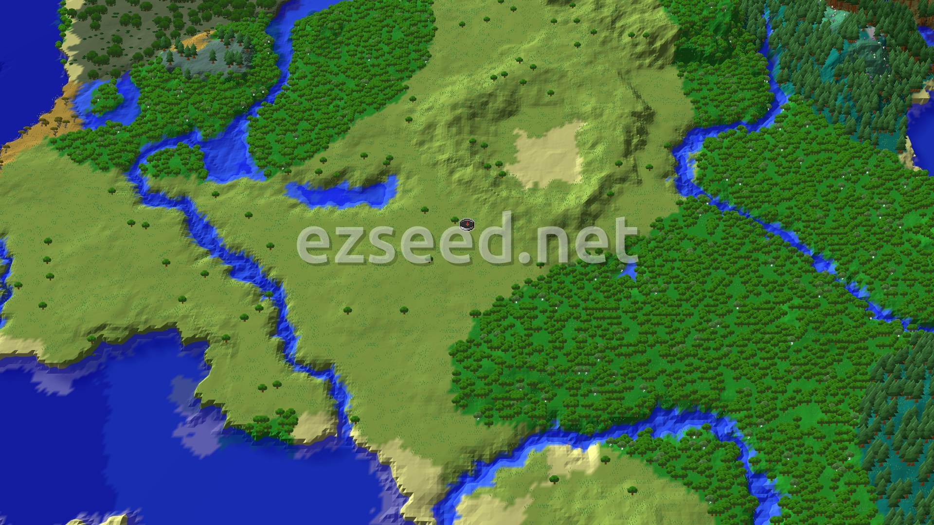 A wide plains clearing with a small lake to the west, rivers winding between thick forests, and ocean along the southwest coast.