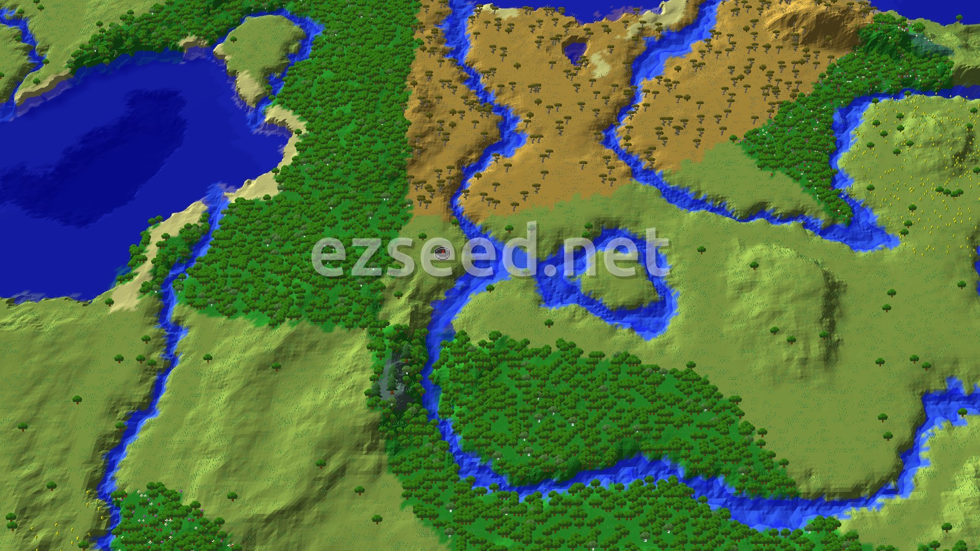 An aerial view of a varied landscape featuring a large blue lake, winding rivers, green forests, and lighter brown savanna areas, with rolling hills and some flatter plains.