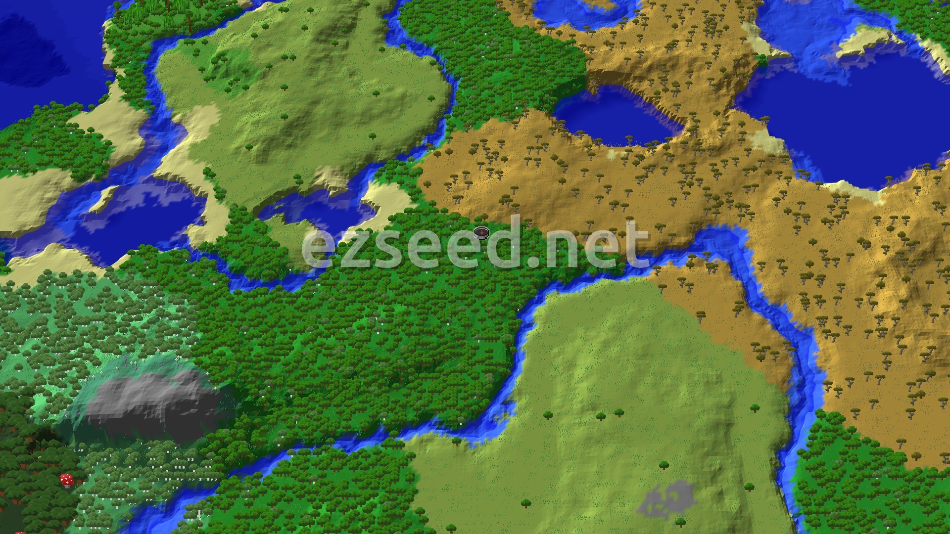 A bird's eye view of a varied landscape, with dense green forests, golden savanna plains dotted with trees, and winding blue rivers, surrounding the spawn point.