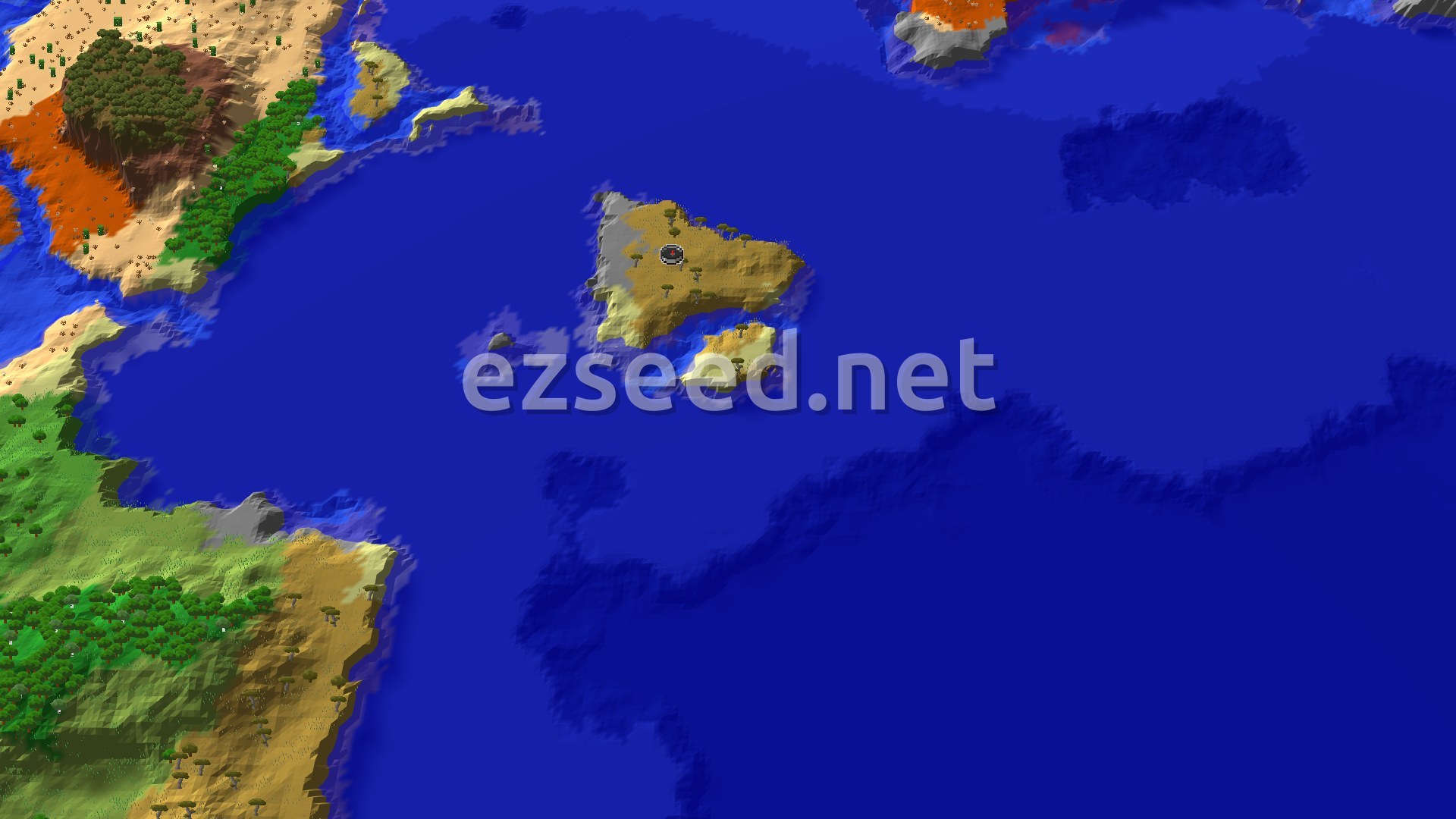 A small, light-brown savanna island with scattered trees, surrounded by deep blue ocean, with a distant mainland showing varied biomes.