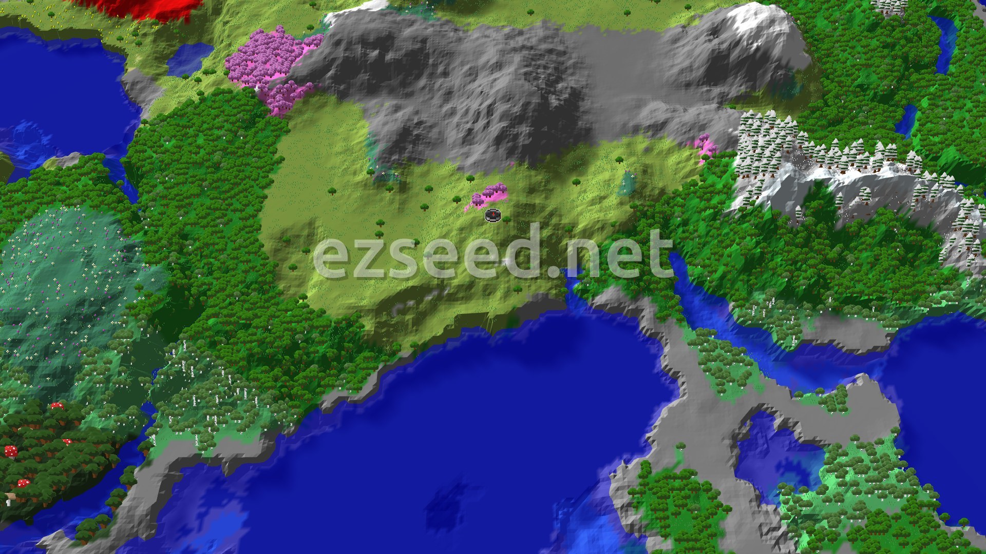 An aerial view of varied terrain, showing a mix of green plains, dense forests, a pink cherry blossom biome, and snowy mountain peaks, with a large blue body of water to the south.