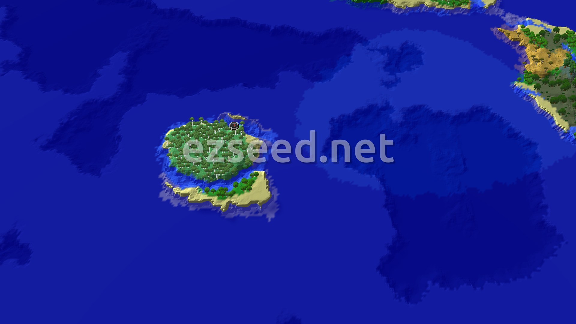 A small island of dense green forest with sandy beaches, surrounded by deep blue ocean, with more land and a tan sandy shore in the upper right.