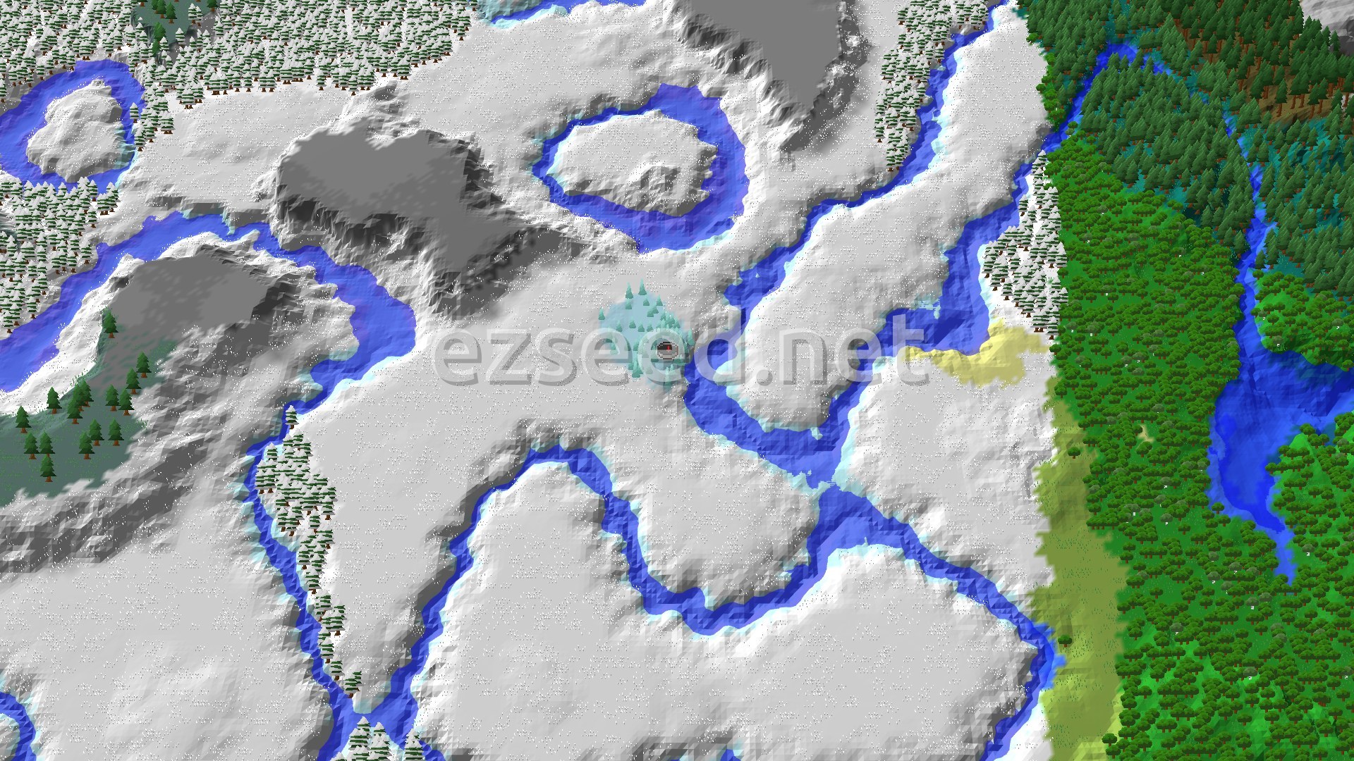 A snowy white plain cut by winding frozen rivers, with a small pale-blue ice spike cluster at the centre and a thick green forest along the right edge.