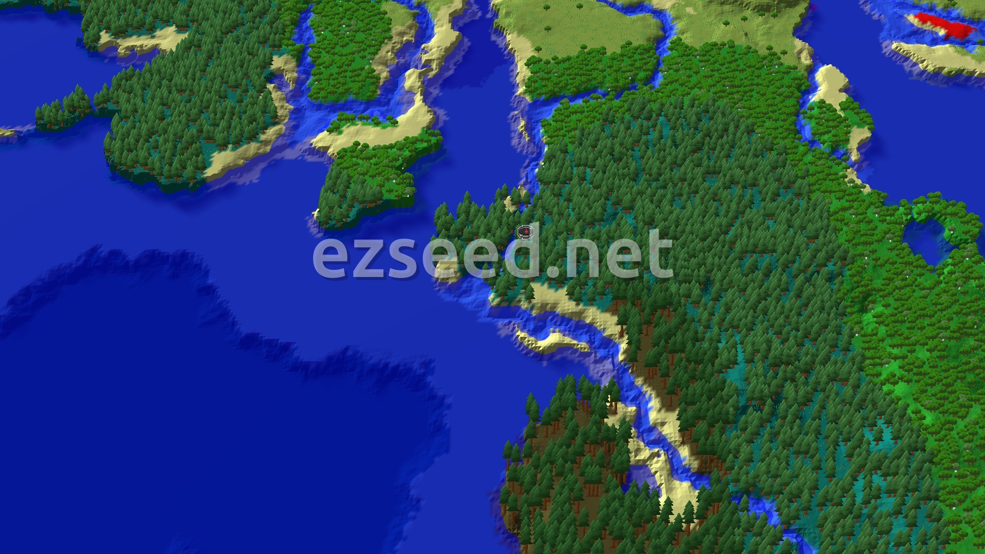 A dense spruce taiga fills the centre of the view, meeting a wide cold ocean on the left, with sandy beaches, a river channel and green forest patches on the far shores.