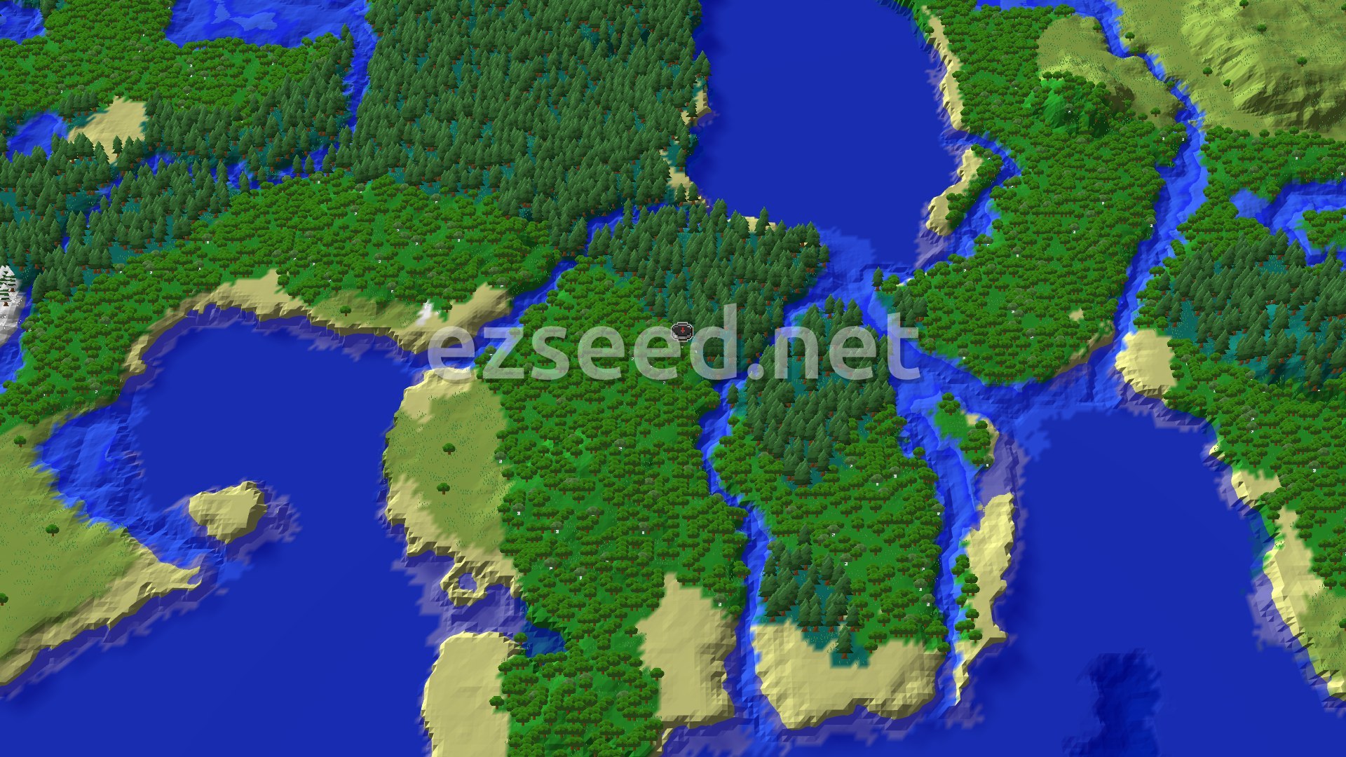 Aerial view of a thick forest of oak and spruce on a landmass split by blue rivers and wide lakes, with sandy beaches along the shores.