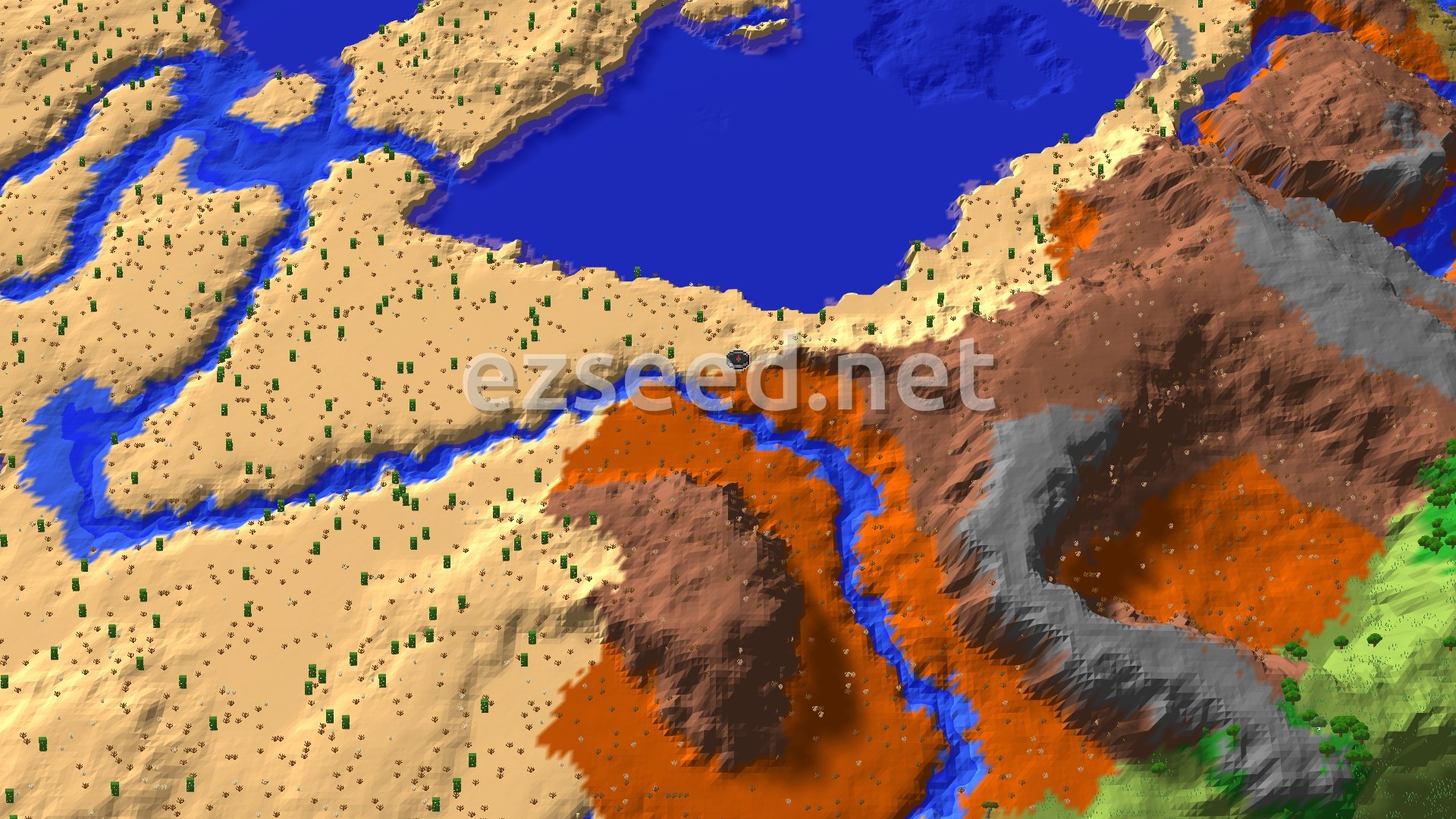 A fly-over of orange and brown badlands ridges meeting pale desert sand, with a blue river winding between them and a large open lake of water beyond.