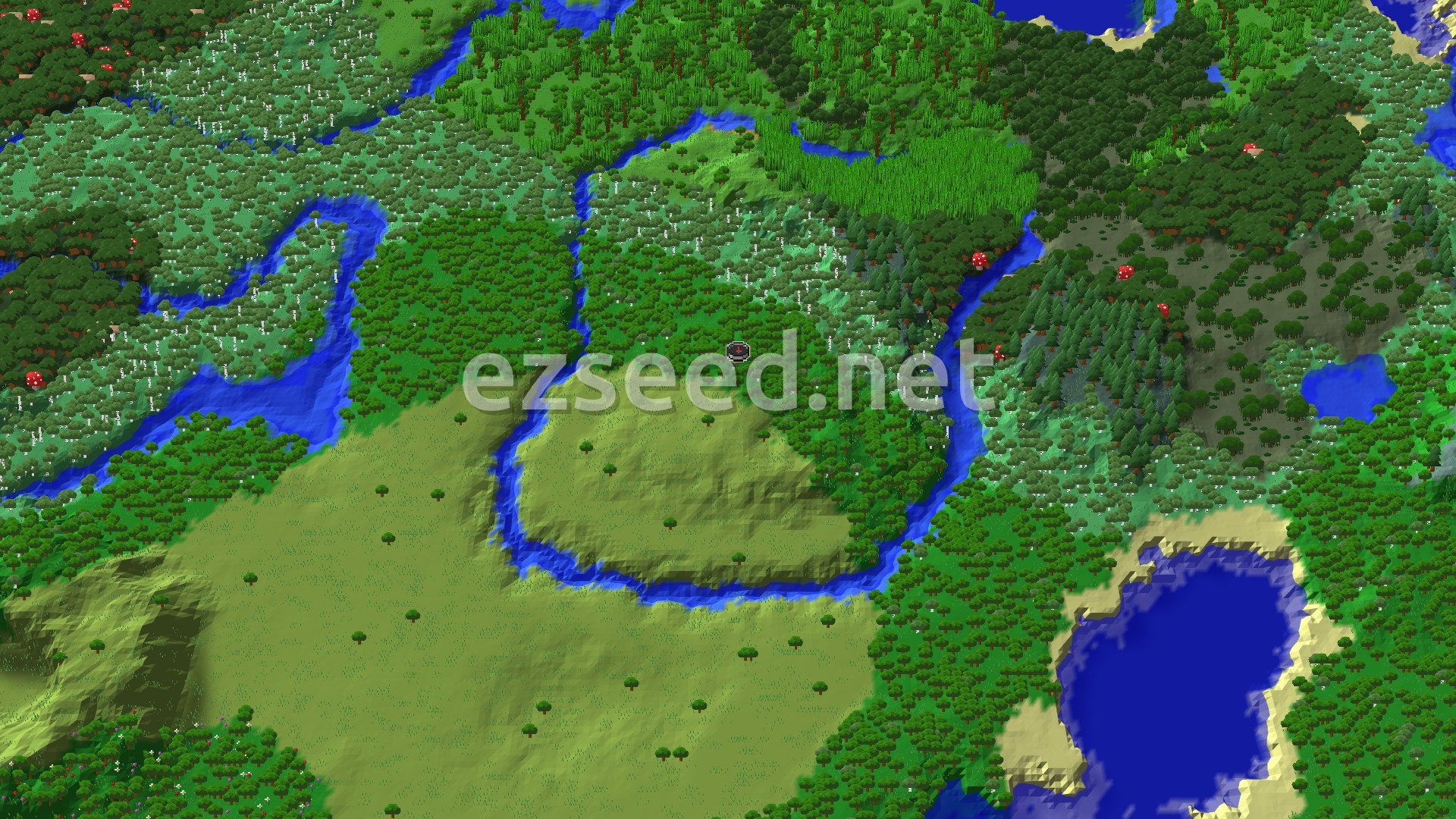 A river curls around a grassy plains plateau, with dense forest, birch woods, a dark forest patch and a sandy-shored lake around it.