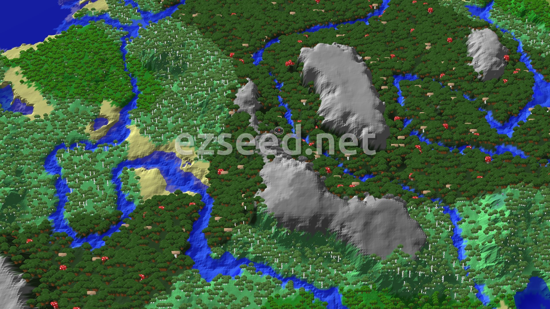 A canopy of dark oak trees dotted with red mushrooms, winding rivers, pale birch woods to the west and bare grey rock outcrops around the spawn marker.