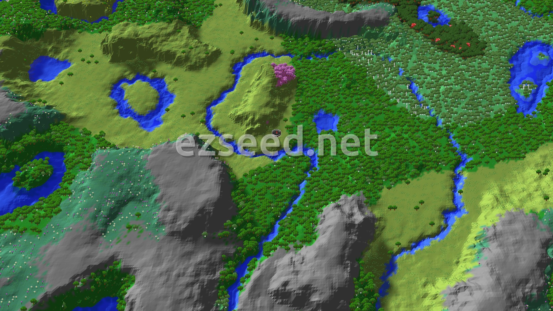 Aerial Minecraft seed map — Cherry Blossom Hill in a Valley Ringed by Higher Ground