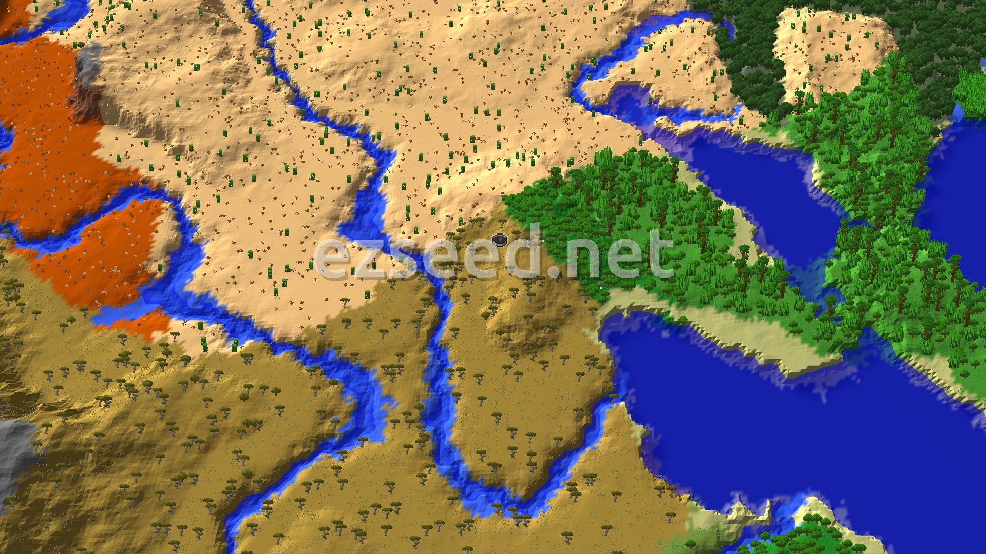 A fly-over of a flat-topped savanna ridge hemmed in by rivers, with pale desert to the north, orange badlands at the left edge, and jungle and deep blue lakes to the east.